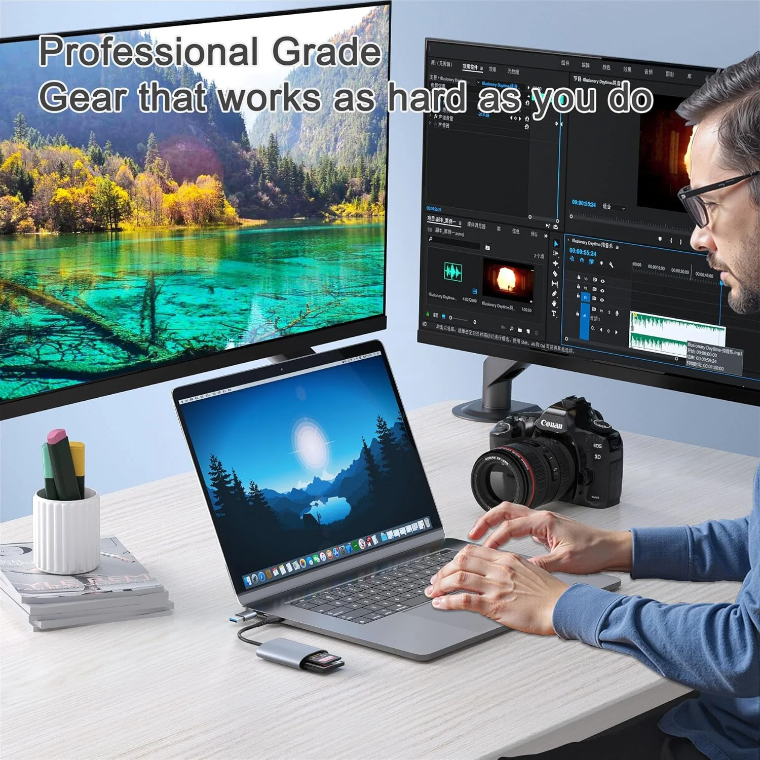 کارت‌خوان حرفه‌ای دوگانه CFexpress Type B و SD با سرعت انتقال USB 3.2 Gen 2 (10 گیگابیت بر ثانیه)، آداپتور کارت CFexpress Type B/SD با USB-C و USB-A 2 در 1