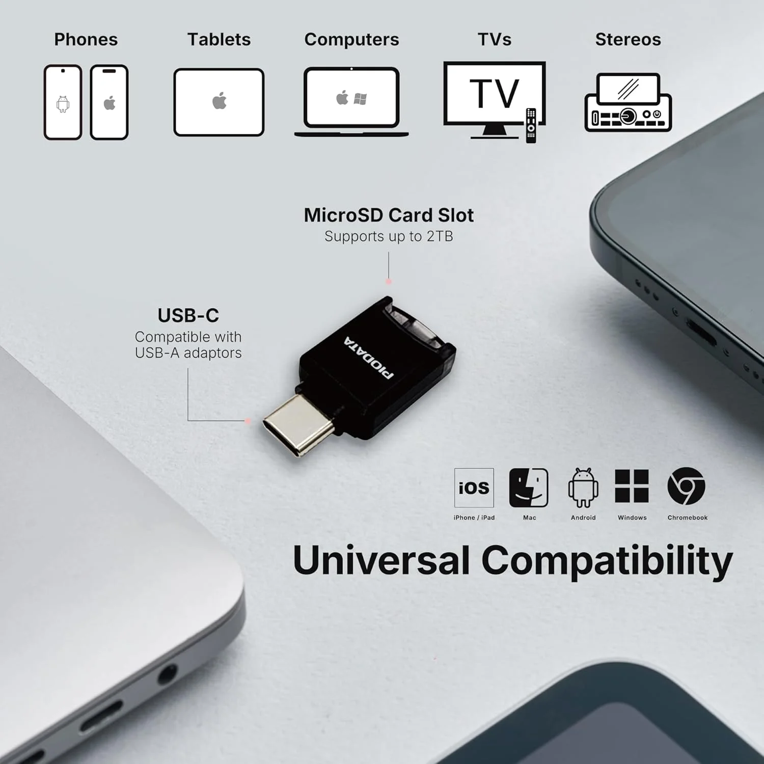 کارت خوان حافظه تلفن: درایو Micro SD USB-C برای آیفون و اندروید، پشتیبان گیری خودکار عکس و فیلم، حافظه فلش قابل حمل iXflash Q mini Apple MFi با برنامه رایگان و آداپتور اسلات MicroSD مشکی