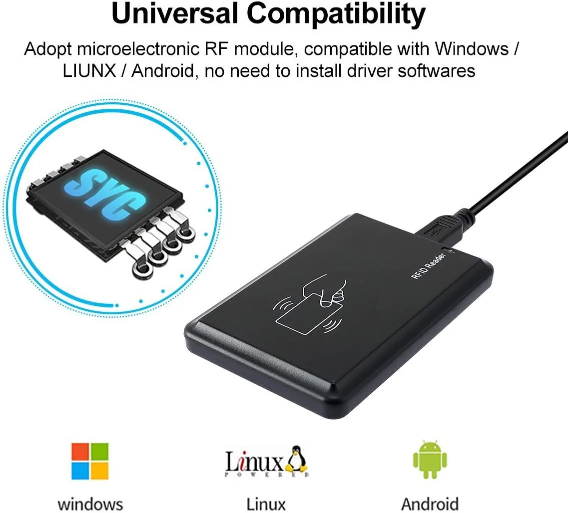 دستگاه کارت‌خوان غیر تماسی رومیزی Ossiygar® EM4100 با فرکانس 125 کیلوهرتز، سازگار با ویندوز، مک، لینوکس و اندروید