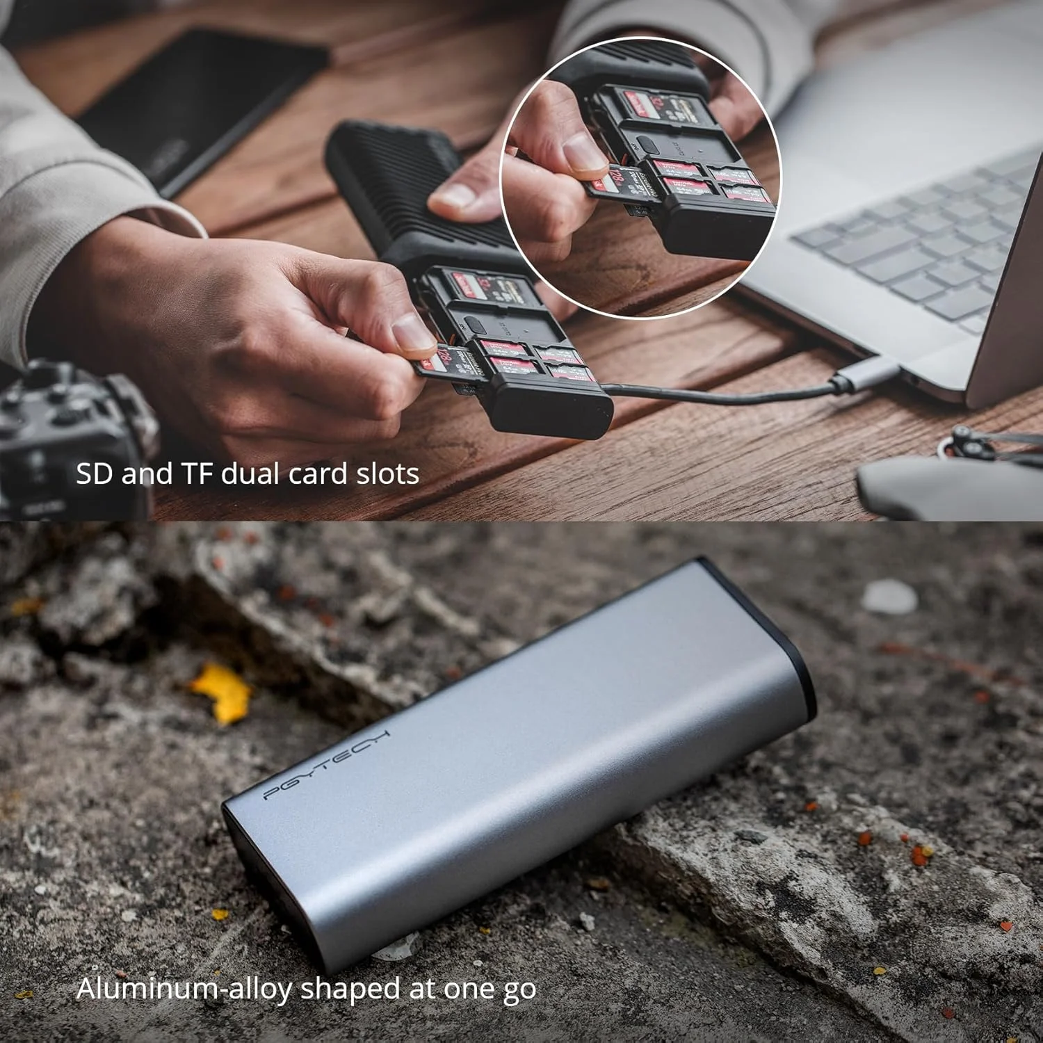 آداپتور کارت خوان دو منظوره پرسرعت PGYTECH CreateMate USB 3.1 Type-C UHS-II SD 4.0/Micro SD و نگهدارنده کارت حافظه برای دوربین ها، تلفن های هوشمند، پهپادها و دوربین های اکشن (مشکی، برای SD/Micro SD)