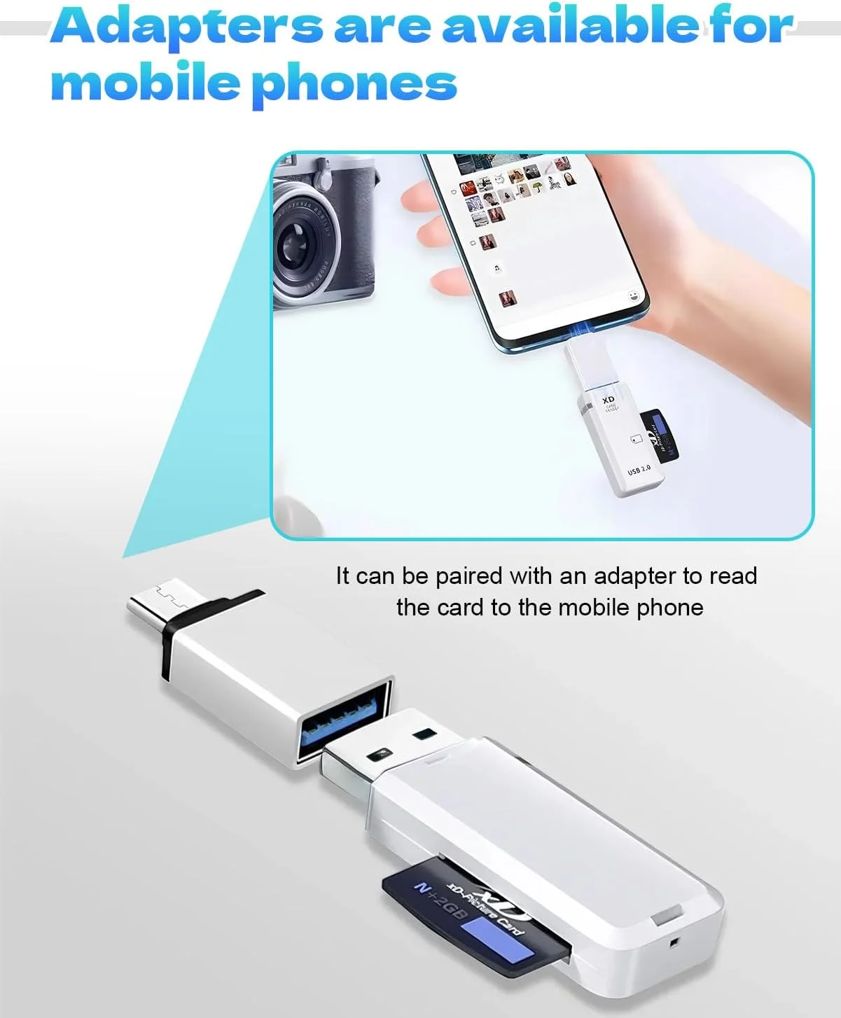 کارت خوان حافظه USB2.0 128 گیگابایتی XD، آداپتور کارت تصویر XD، اتصال و پخش برای دوربین های فوجی و المپوس، سازگار با ویندوز، مک و لینوکس