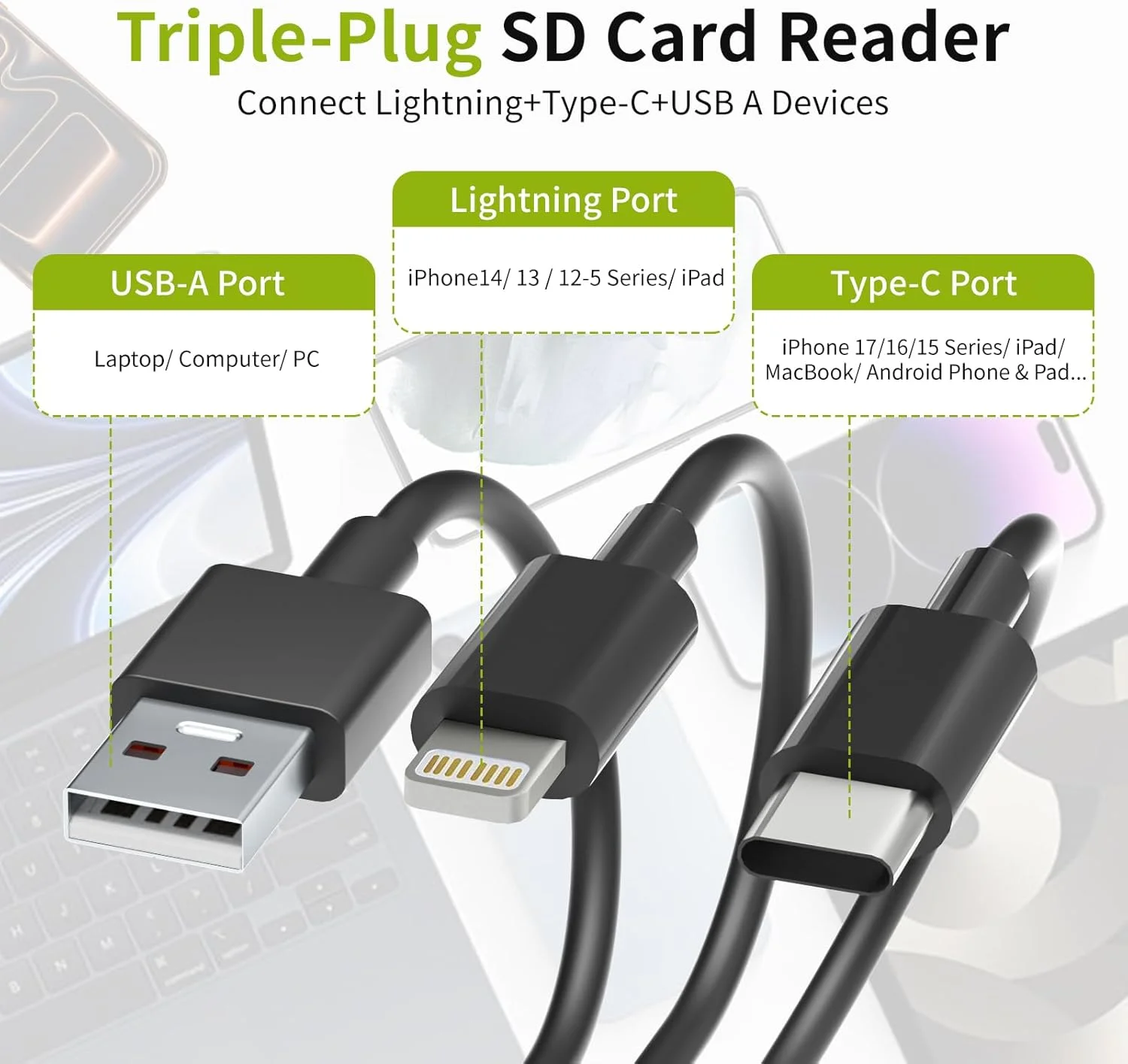 کارت خوان XD برای دوربین های المپوس و فوجی فیلم، آداپتور کارت تصویر XD سه در یک با لایتنینگ/USB-A/USB C برای آیفون 17/16/15/14/13/12 آیپد، اندروید، کامپیوتر، کارت خوان حافظه برای کارت های SD/TF/XD و دوربین های دیجیتال