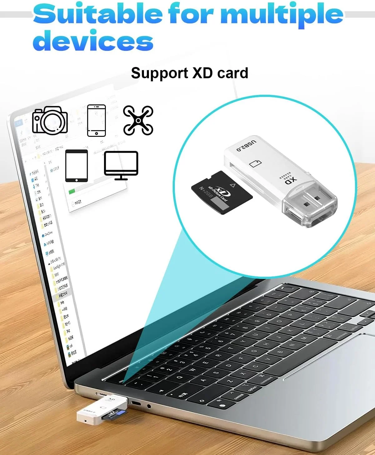 کارت خوان حافظه USB2.0 128 گیگابایتی XD، آداپتور کارت تصویر XD، اتصال و پخش برای دوربین های فوجی و المپوس، سازگار با ویندوز، مک و لینوکس