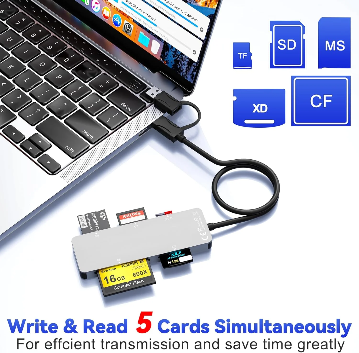 کارت خوان چندگانه USB C USB 3.0، کارت خوان 6 در 1 SD/TF/M2/MS/CF/XD برای کامپیوتر/اندروید/میکرو SD، آداپتور Memory Stick Pro Duo از سرعت 5 گیگابیت بر ثانیه پشتیبانی می کند، پنج کارت را می توان به طور همزمان خواند