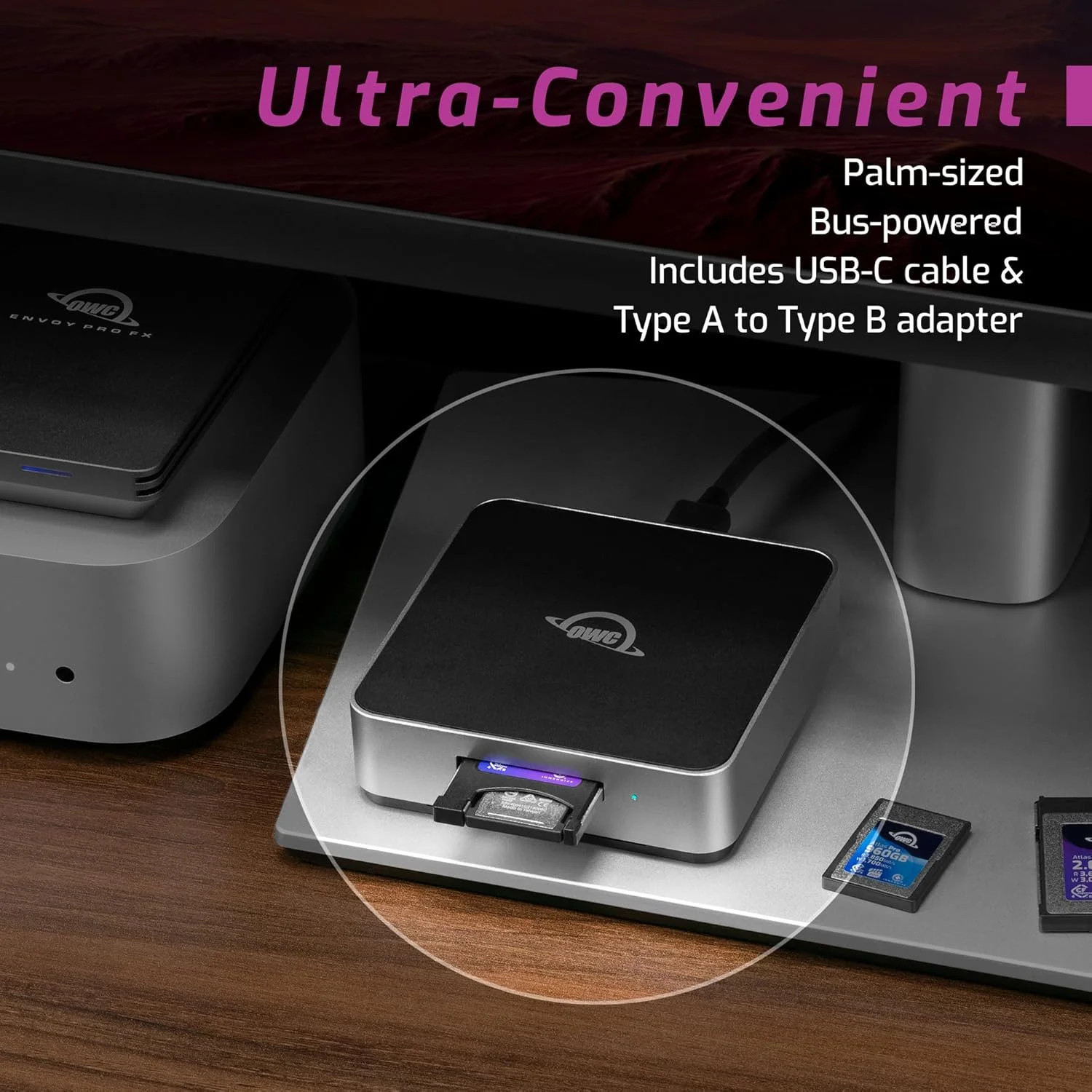 کارت خوان OWC Atlas USB4 CFexpress 4.0 Type B، پورت USB-C با سرعت 40 گیگابیت بر ثانیه، تغذیه از طریق USB، شامل آداپتور Type A به B برای انتقال سریع کارت های Type A، سرعت واقعی تا 5000 مگابایت بر ثانیه، کابل USB-C