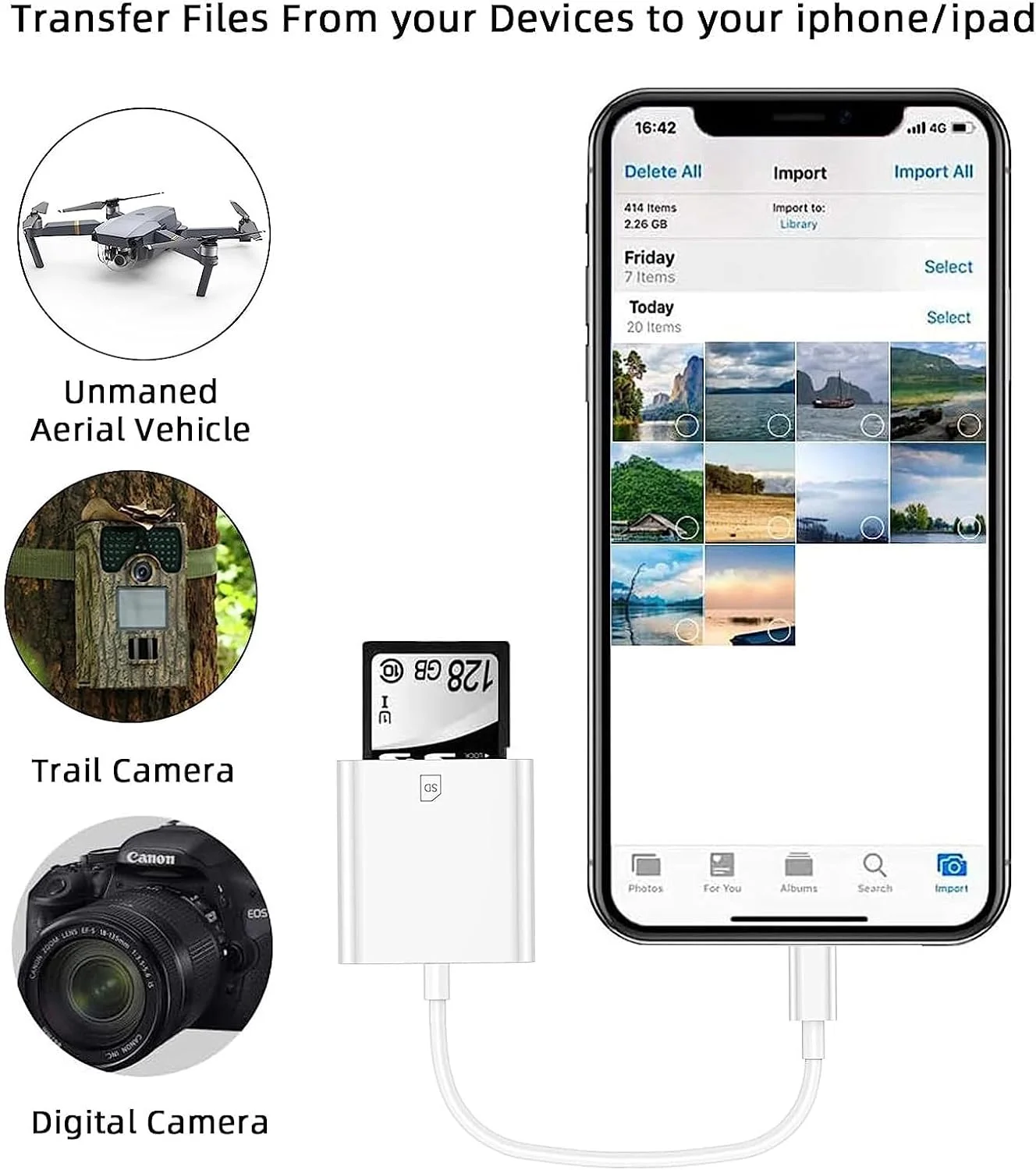 تبدیل لایتنینگ به کارت حافظه SD، کارت خوان حافظه دارای گواهینامه MFi اپل، مبدل نمایشگر دوربین تریل برای آیفون 14، 13، 12، 11 پرو مکس XS XR X 8 آیپد، اتصال و پخش