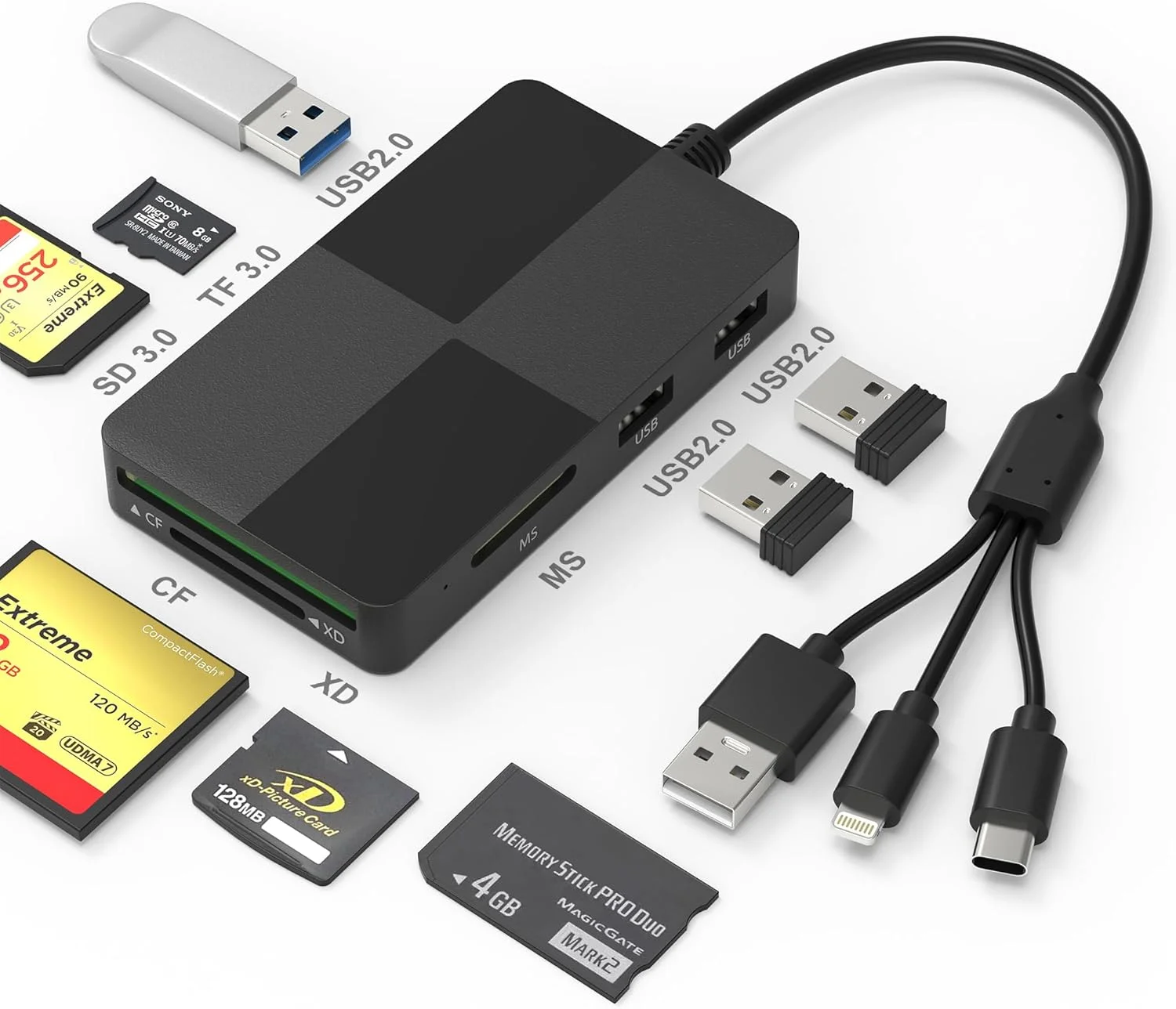 آداپتور کارت حافظه پرو دو برای آیفون/USB C/PC - کارت خوان 8 در 1 SD/TF/CF/MS/XD و 3 پورت USB 2.0، کارت خوان حافظه چندگانه USB C لایتنینگ OTG آداپتور کارت خوان پرو دو برای آیفون