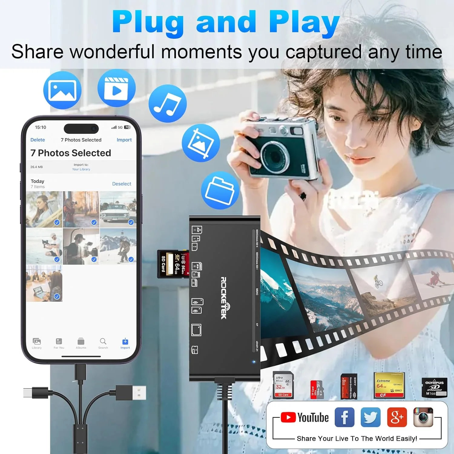 کارت خوان حافظه 7 در 3 - کارت خوان چندگانه USB C Lighting USB3.0 برای SD TF CF XD MS، آداپتور کارت خوان SD برای تلفن/پد/مک بوک/سامسونگ/کامپیوتر، اتصال و پخش، خواندن/نوشتن 5 گیگابیت بر ثانیه کارت خوان حافظه 7 در 3 - کارت خوان چندگانه USB C Lighting USB3.0 برای SD TF CF XD MS، آداپتور کارت خوان SD برای تلفن/پد/مک بوک/سامسونگ/کامپیوتر، اتصال و پخش، خواندن/نوشتن 5 گیگابیت بر ثانیه