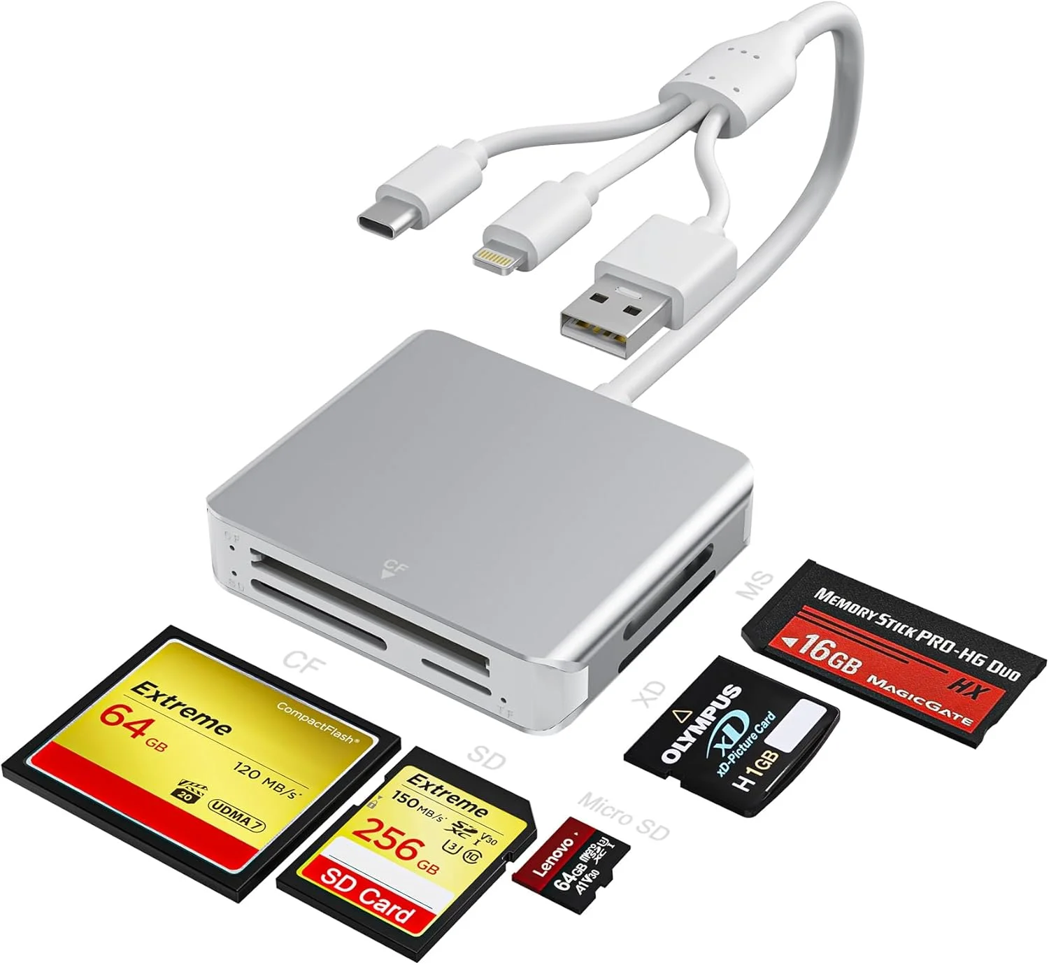 آداپتور کارت حافظه پرو Duo - کارت خوان 5 در 1 SD/TF/CF/MS/XD با لایتنینگ/USB C و USB 3.0 سه در یک برای آیفون 15/سامسونگ S23/کامپیوتر - کارت خوان چند منظوره OTG و آداپتور کارت حافظه پرو Duo