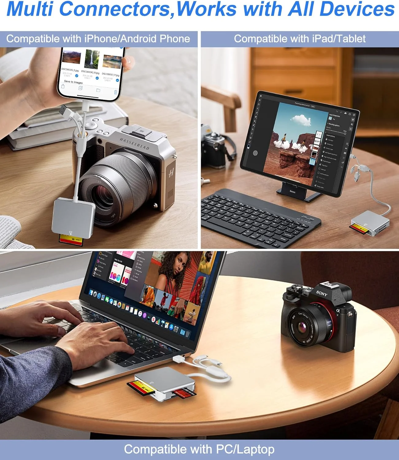 آداپتور کارت حافظه پرو دو - کارت خوان حافظه چندگانه 5 در 1 آلومینیومی با اتصالات سه گانه لایتنینگ/USB-C/USB 3.0 برای SD/Micro SD/MS/XD/CF، آداپتور کارت حافظه پرو دو برای آیفون/اندروید/کامپیوتر آداپتور کارت حافظه پرو دو - کارت خوان حافظه چندگانه 5 در 1 آلومینیومی با اتصالات سه گانه لایتنینگ/USB-C/USB 3.0 برای SD/Micro SD/MS/XD/CF، آداپتور کارت حافظه پرو دو برای آیفون/اندروید/کامپیوتر