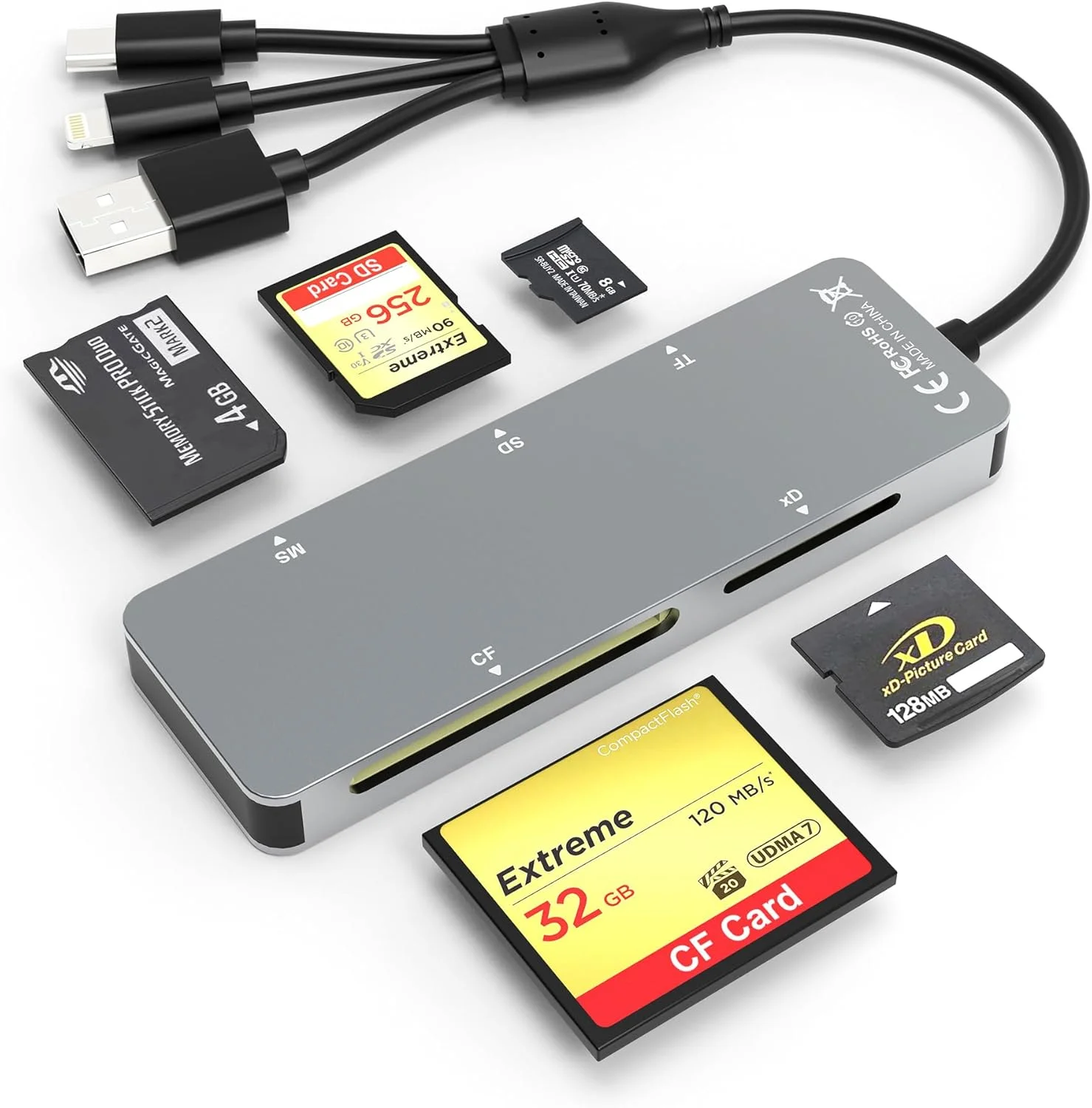 آداپتور کارت حافظه پرو Duo - کارت خوان 5 در 1 SD/TF/MS/CF/XD برای PC/اندروید/دستگاه لایتنینگ، کارت خوان چند منظوره آلومینیومی USB C لایتنینگ OTG برای آیفون