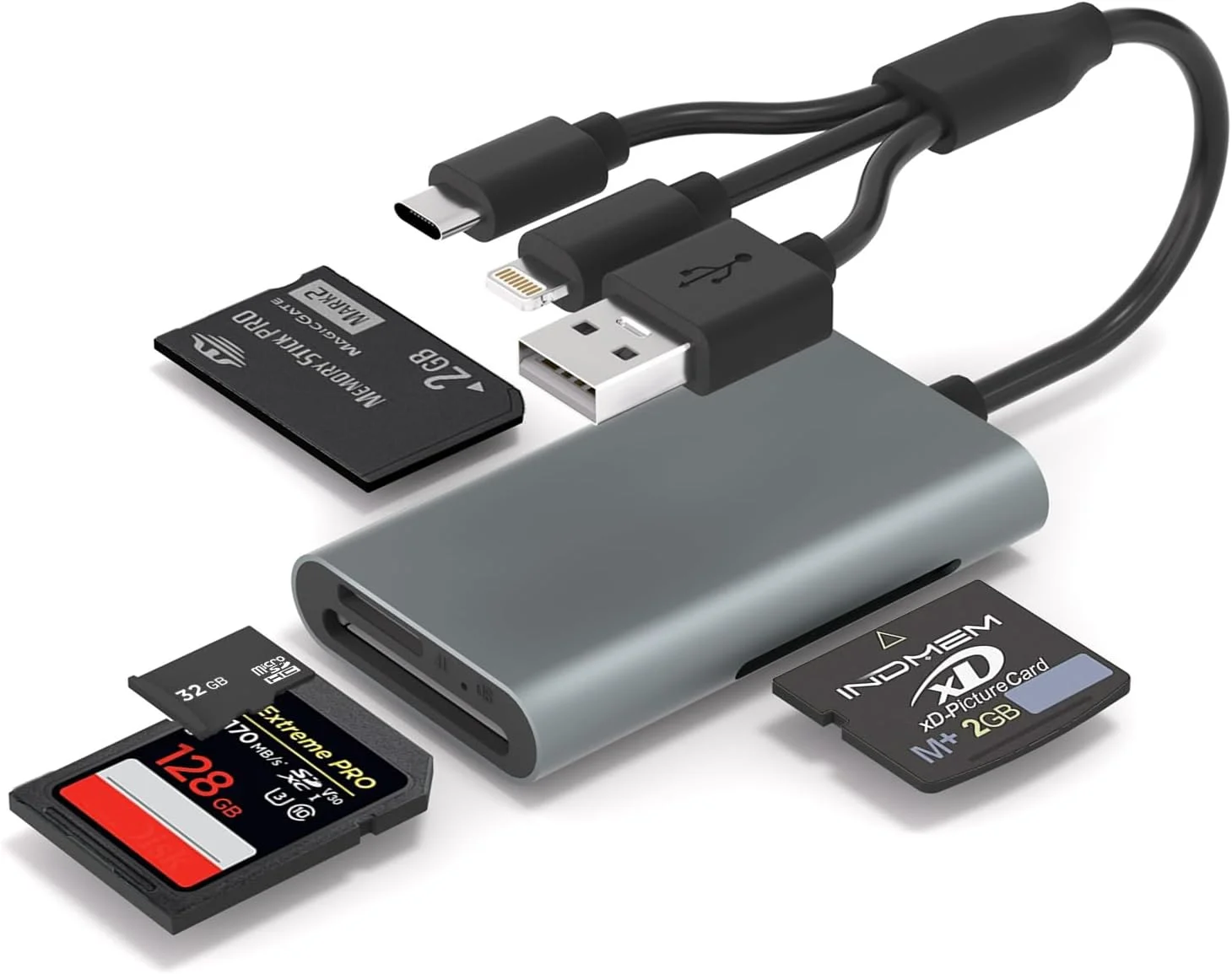 آداپتور کارت حافظه پرو دو - کارت خوان 4 در 1 SD/TF/MS/XD برای آیفون 16/15/14/آیپد/کامپیوتر/اندروید/مک، آداپتور کارت خوان چند منظوره لایتنینگ/USB-C/USB-A برای دوربین دیجیتال سونی سایبرشات