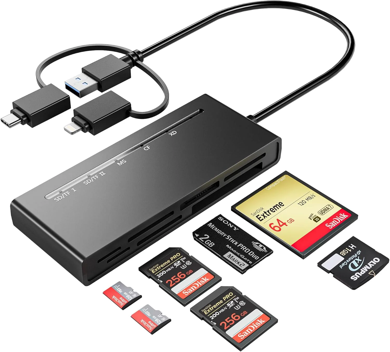 آداپتور کارت حافظه پرو Duo برای آیفون/USB C/PC - کارت خوان 7 در 1 2X SD/ 2X TF/CF/MS/XD، کارت خوان چند منظوره USB C لایتنینگ OTG آداپتور کارت حافظه پرو Duo برای آیفون