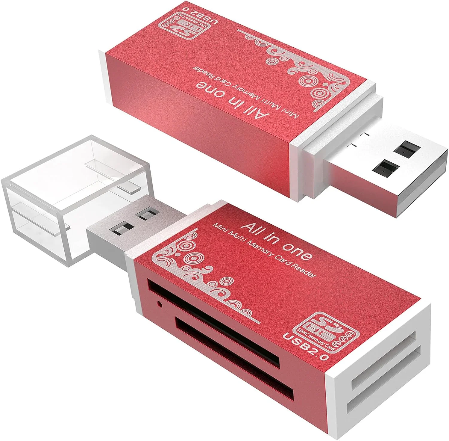 کارت خوان میکرو SD، آداپتور کارت خوان SD به USB مدل 4 در 1، کارت خوان حافظه برای MS Duo/Pro، کارت M2، SDXC، SDHC، MMC، RS-MMC، Micro SDXC، Micro SDHC و کارت TF (2 عدد قرمز)