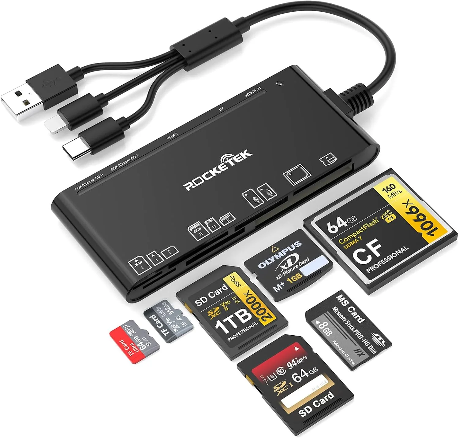 آداپتور کارت حافظه پرو دو برای آیفون/USB C/PC - کارت خوان چندگانه SD/TF/CF/MS/XD، کارت خوان حافظه چندگانه USB C لایتنینگ OTG آداپتور کارت خوان پرو دو برای آیفون