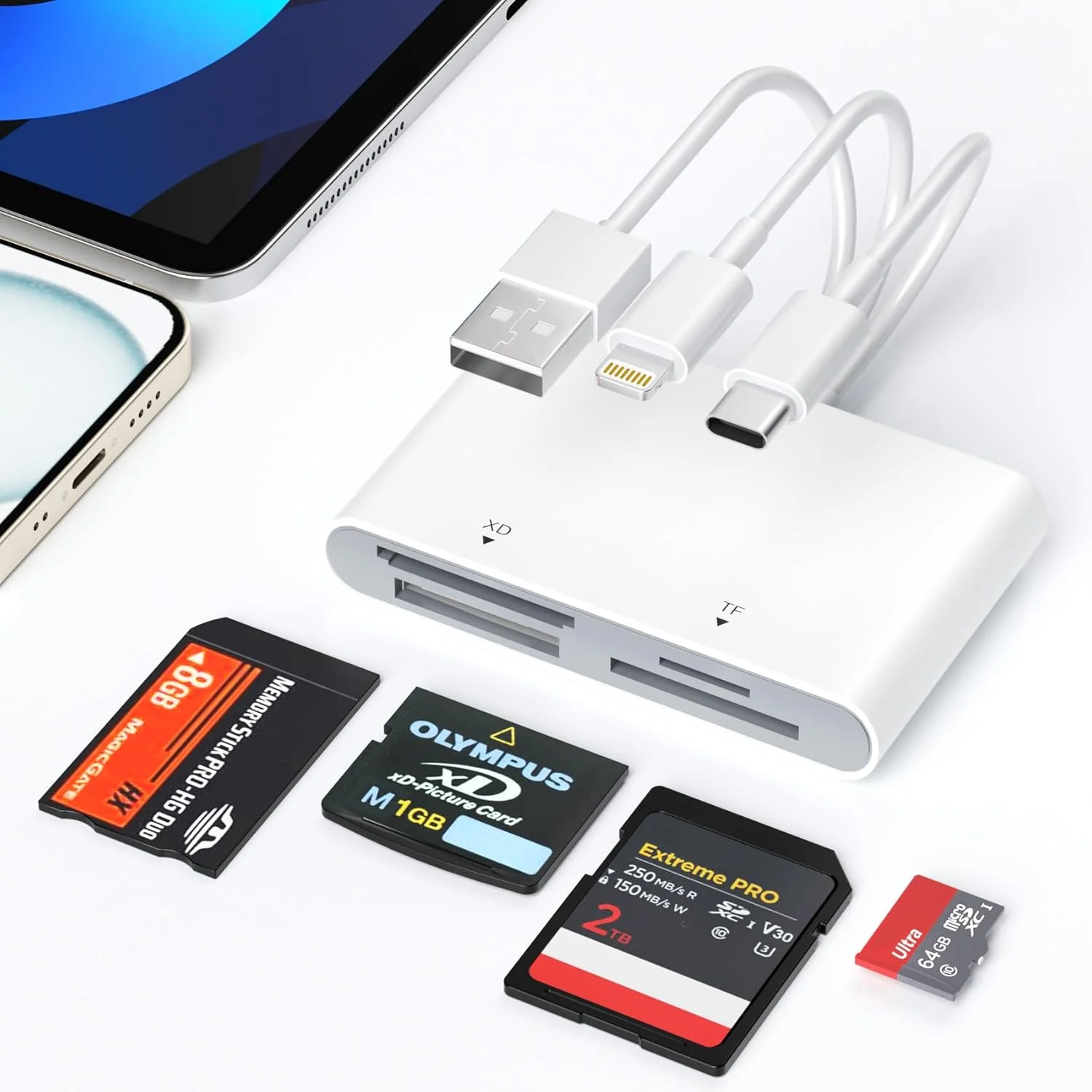 آداپتور کارت حافظه پرو دو - کارت خوان چند منظوره 4 در 1 SD/Micro SD/MS/xD-Picture-Card با L/C/USB OTG، مناسب برای آیفون 16/15/14 آیپد مک اندروید کامپیوتر کارت حافظه پرو دو مارک 2
