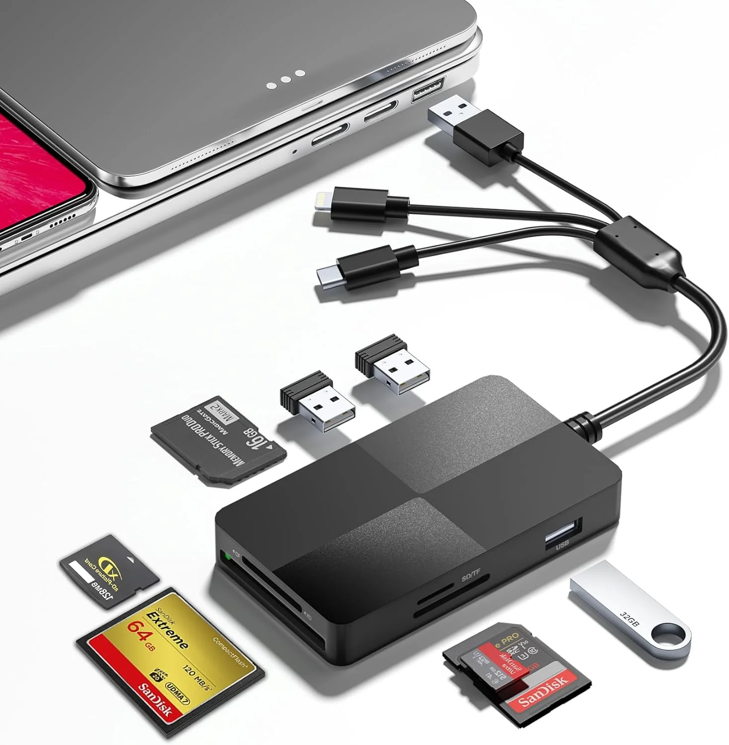 آداپتور کارت حافظه پرو دو - کارت خوان چند منظوره 8 در 1 SD/TF/MS/CF/xD با 3 پورت USB 2.0 برای آیفون/لپ تاپ/دستگاه USB-C/کارت خوان SD/XD