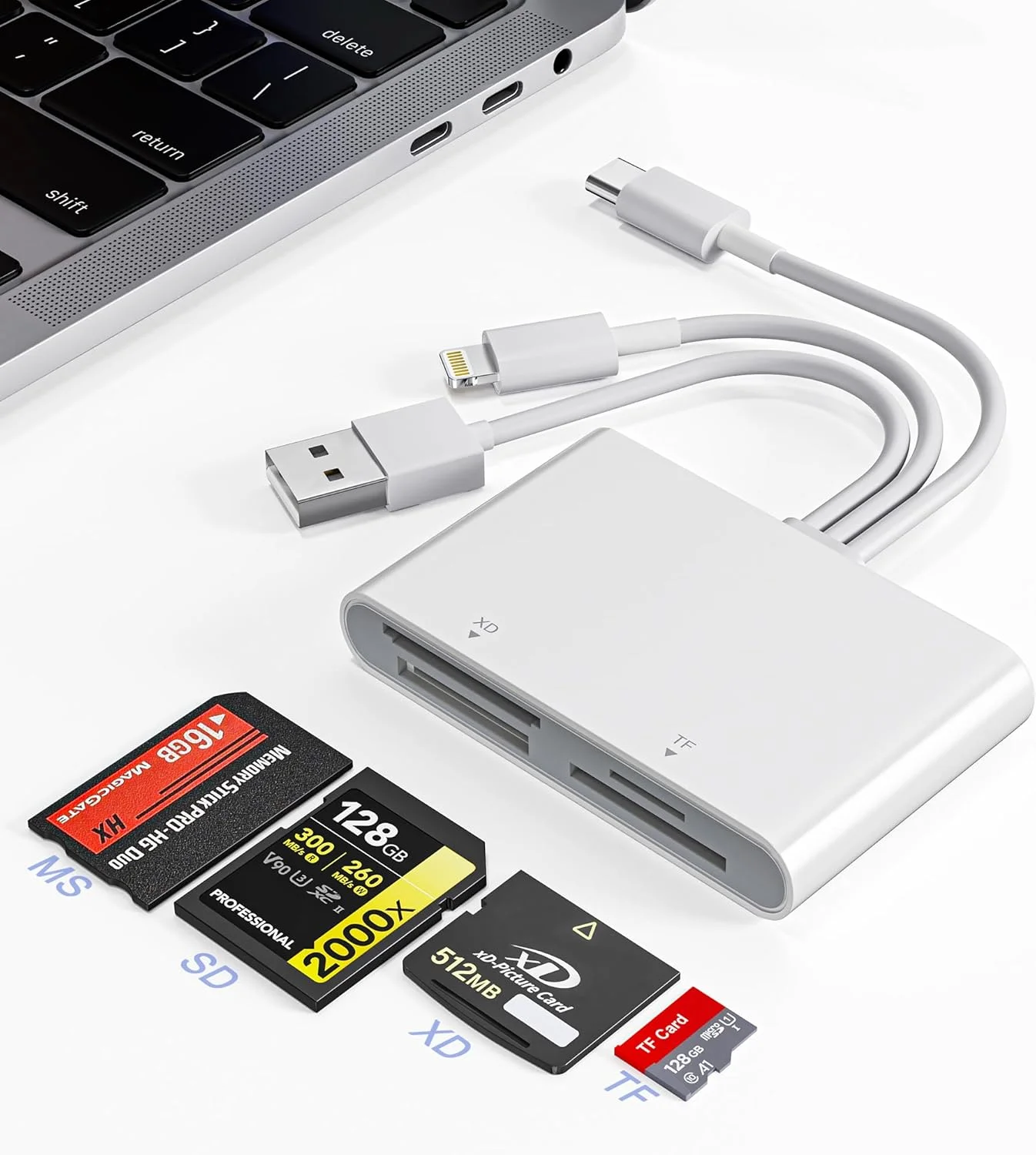 آداپتور کارت حافظه پرو دو - کارت خوان 4 در 1 USB C/Lightning/USB-A به SD/TF/MS/XD، انتقال پرسرعت عکس و فیلم از دوربین به آیفون/تبلت/کامپیوتر