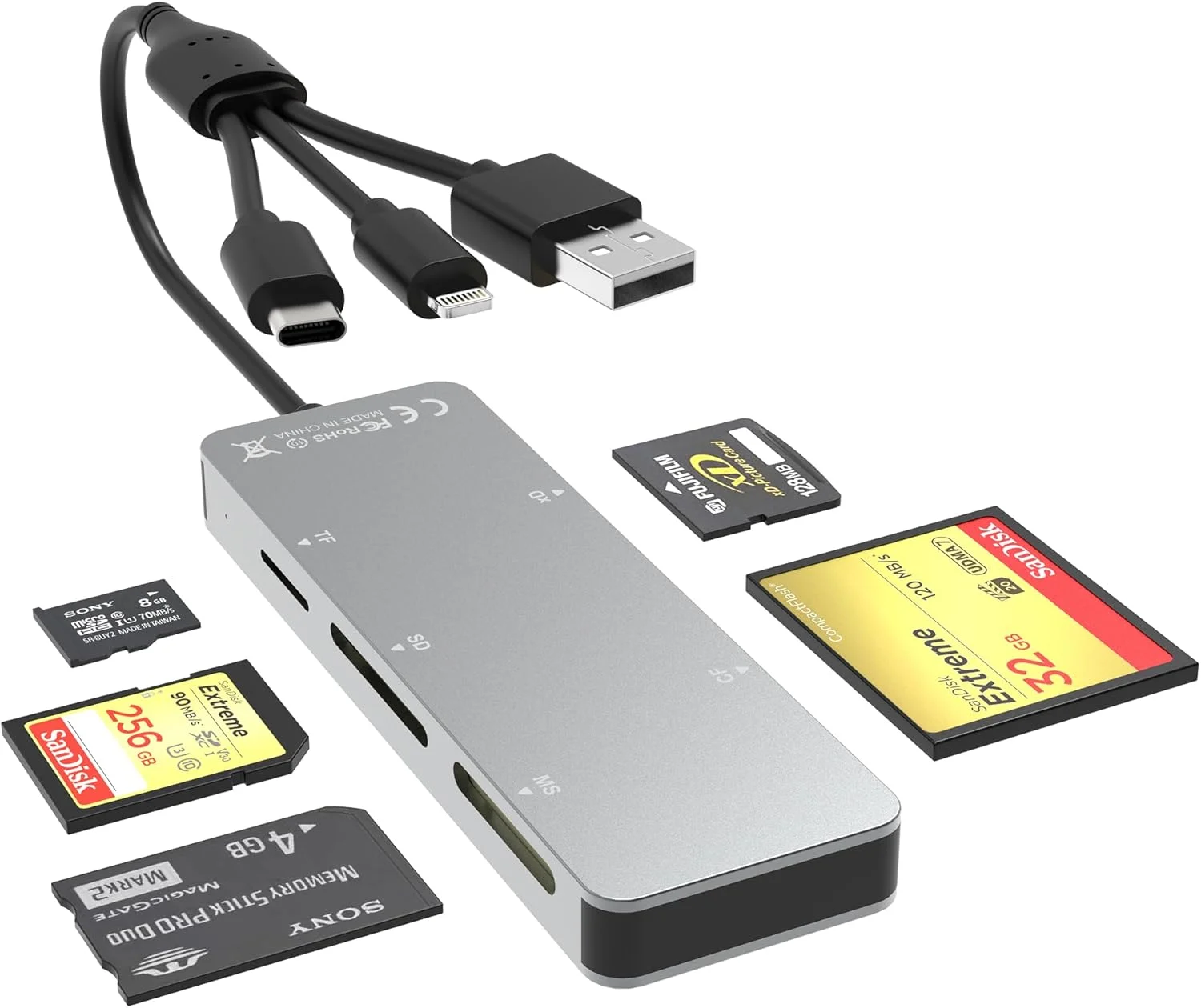 آداپتور کارت حافظه پرو دو برای آیفون/USB C/PC - کارت خوان آلومینیومی 5 در 1 SD/TF/CF/MS/XD، کارت خوان چند منظوره USB C لایتنینگ OTG آداپتور کارت حافظه پرو دو مارک 2