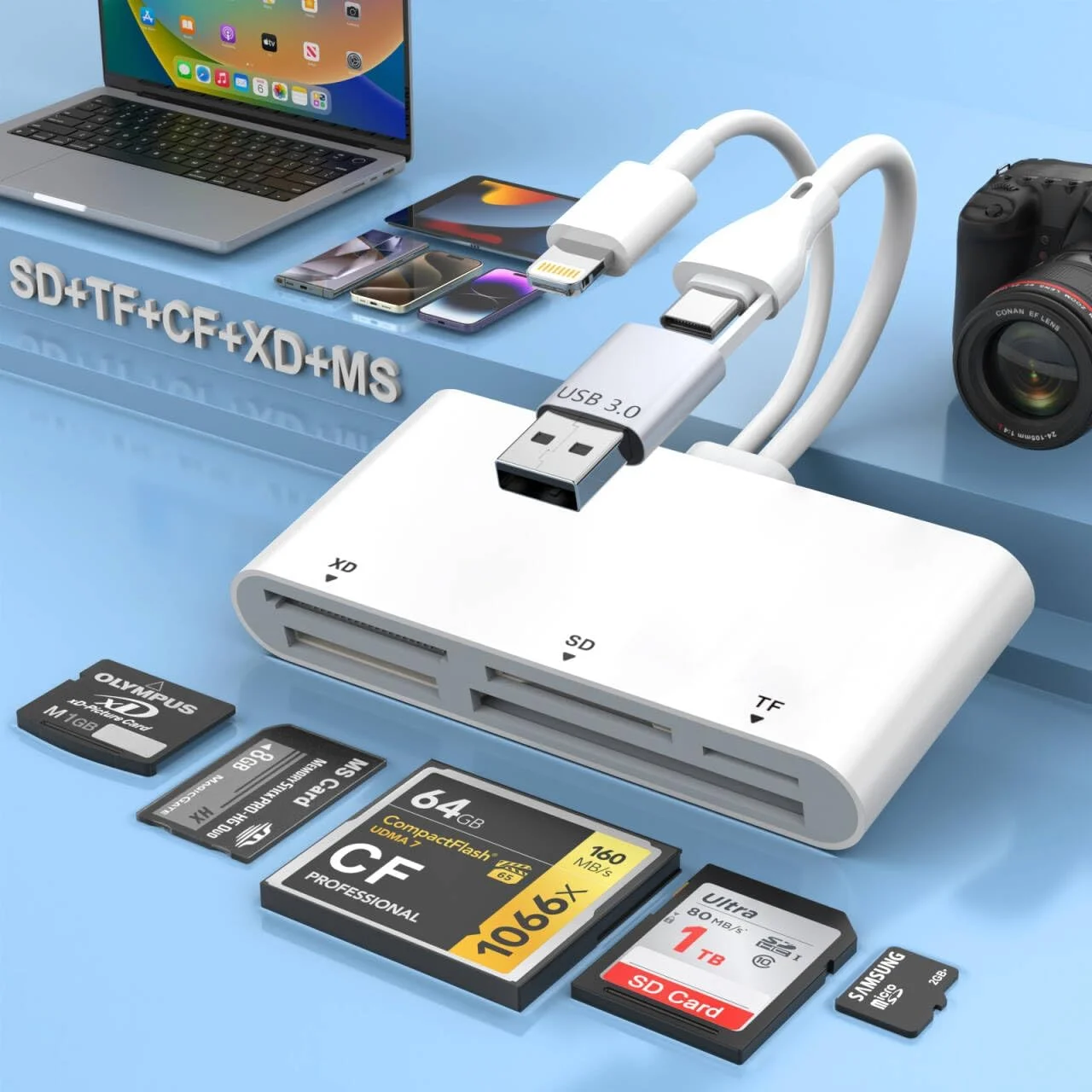 کارت خوان حافظه USB 3.0 برای SD/TF/CF/XD/MS/Micro SD/SDHC/MMC، آداپتور حافظه چند منظوره 5 در 1 لایتنینگ/USB C/USB A برای آیفون 15 14 13/آیپد/اندروید/سامسونگ/مک بوک/لپ تاپ/دوربین/هارد دیسک/فلش درایو