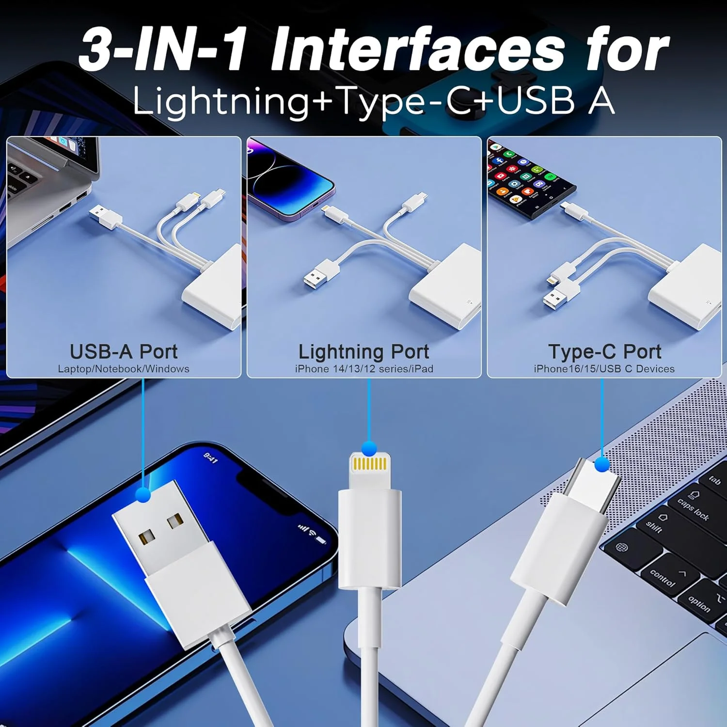 آداپتور کارت حافظه پرو دو - کارت خوان 4 در 1 USB C/Lightning/USB-A به SD/TF/MS/XD، انتقال پرسرعت عکس و فیلم از دوربین به آیفون/تبلت/کامپیوتر