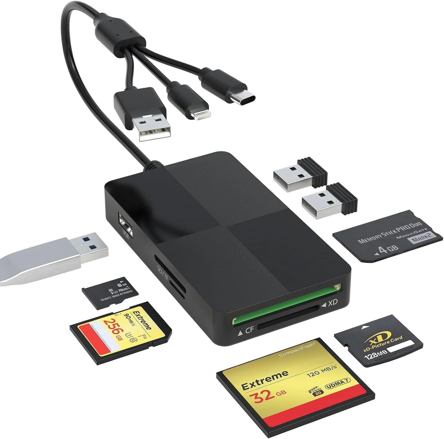 آداپتور کارت حافظه Duo pro - کارت خوان 8 در 1 SD/TF/MS/CF/XD با 3 پورت USB اضافی، پشتیبانی از کارت Micro SD/SDHC/XD، آداپتور USB C Lightning OTG، کارت خوان چند منظوره برای کامپیوتر/آیفون