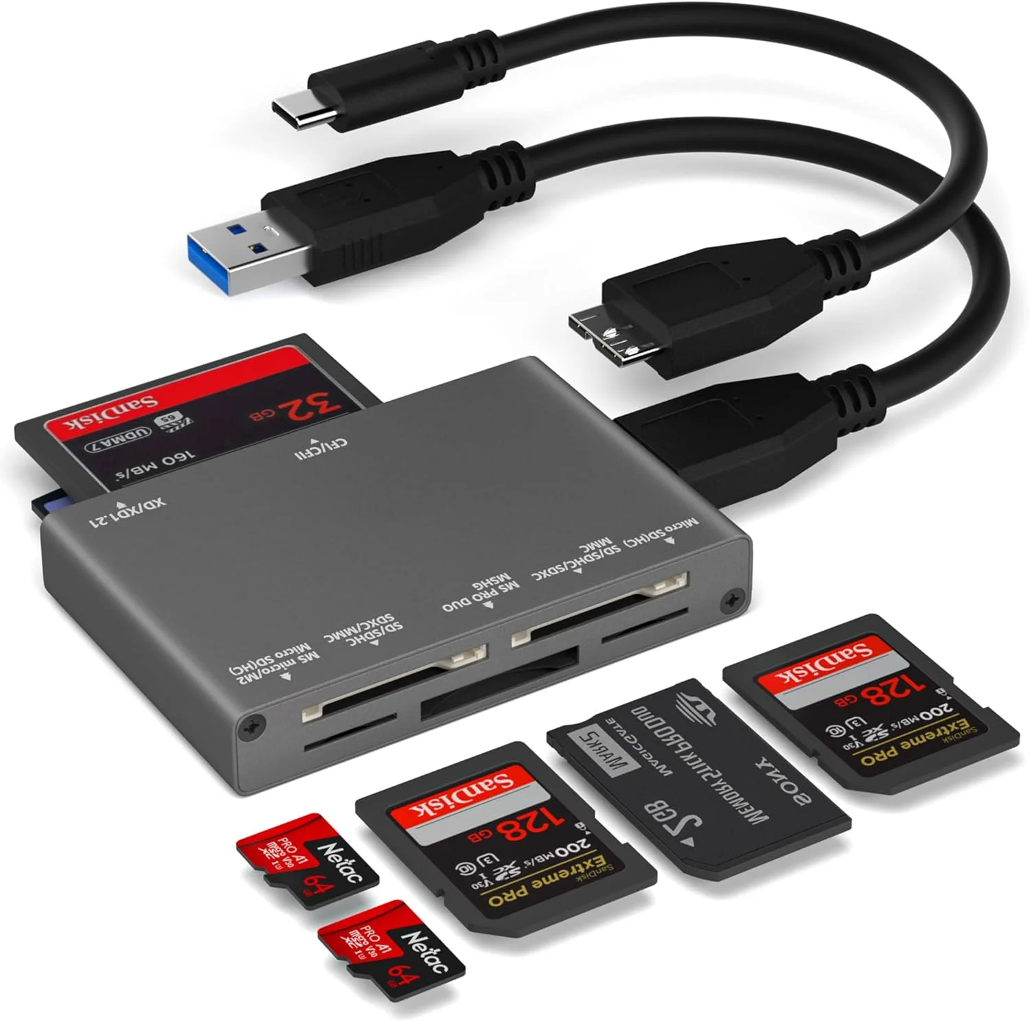 کارت‌خوان حافظه 7 در 1، کارت‌خوان USB 3.0 با سرعت 5 گیگابیت بر ثانیه، قابلیت خواندن 7 کارت به طور همزمان برای کارت حافظه دوربین SD/Micro SD/MS/CF/MMC/XD/SDHC/SDXC (همراه با 2 کابل USB A و C به Mirco B 3.0)