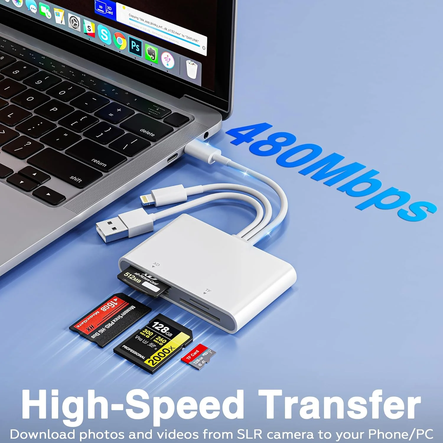 آداپتور کارت حافظه پرو دو - کارت خوان 4 در 1 USB C/Lightning/USB-A به SD/TF/MS/XD، انتقال پرسرعت عکس و فیلم از دوربین به آیفون/تبلت/کامپیوتر