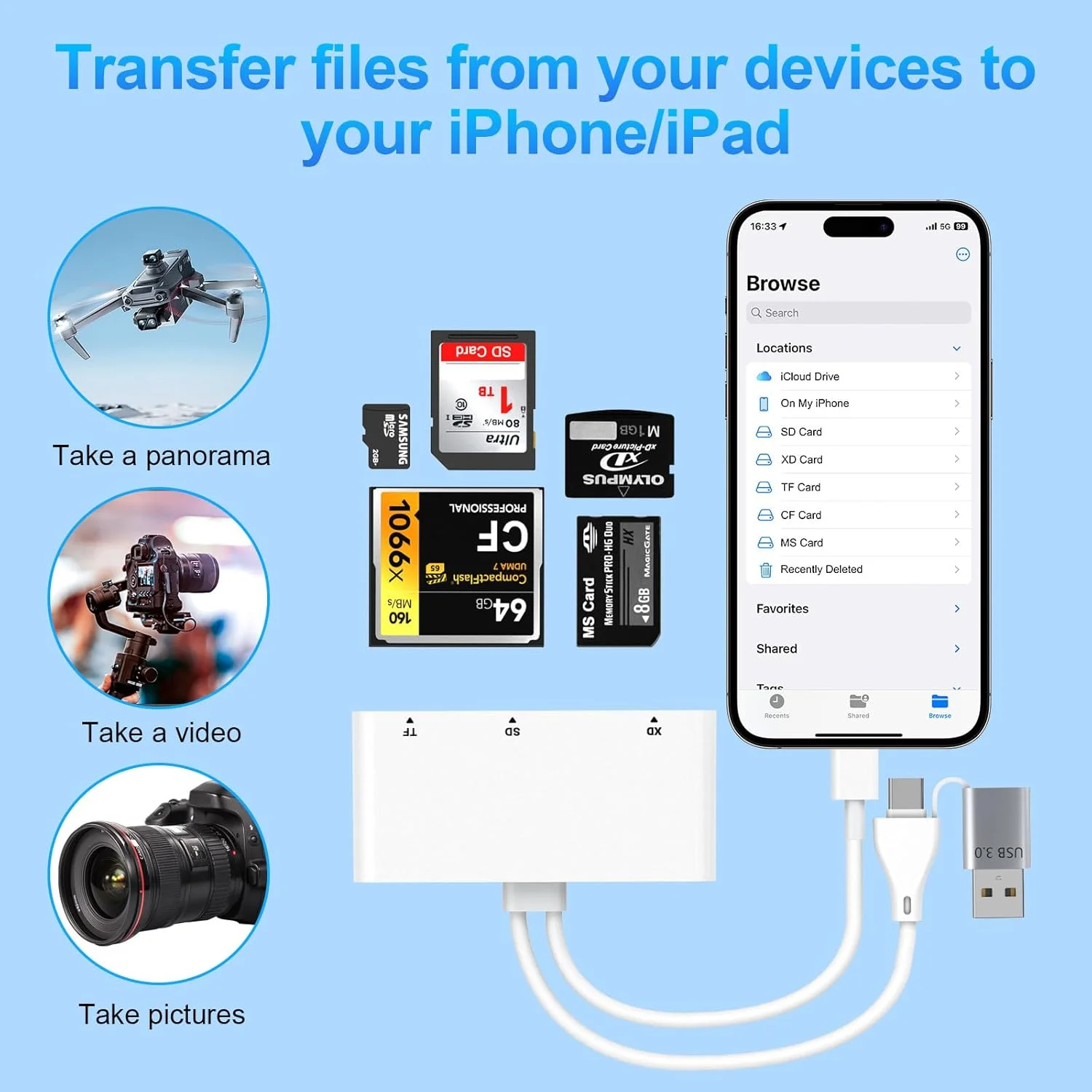 کارت خوان حافظه USB 3.0 برای SD/TF/CF/XD/MS/Micro SD/SDHC/MMC، آداپتور حافظه چند منظوره 5 در 1 لایتنینگ/USB C/USB A برای آیفون 15 14 13/آیپد/اندروید/سامسونگ/مک بوک/لپ تاپ/دوربین/هارد دیسک/فلش درایو کارت خوان حافظه USB 3.0 برای SD/TF/CF/XD/MS/Micro SD/SDHC/MMC، آداپتور حافظه چند منظوره 5 در 1 لایتنینگ/USB C/USB A برای آیفون 15 14 13/آیپد/اندروید/سامسونگ/مک بوک/لپ تاپ/دوربین/هارد دیسک/فلش درایو