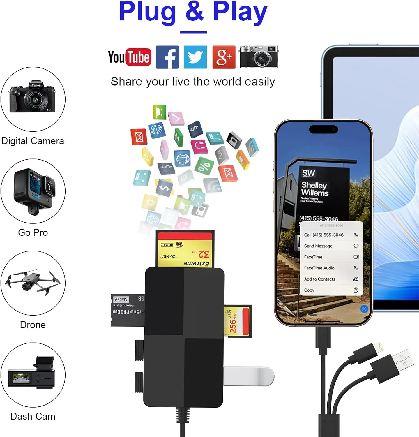 آداپتور کارت حافظه Duo pro - کارت خوان 8 در 1 SD/TF/MS/CF/XD با 3 پورت USB اضافی، پشتیبانی از کارت Micro SD/SDHC/XD، آداپتور USB C Lightning OTG، کارت خوان چند منظوره برای کامپیوتر/آیفون