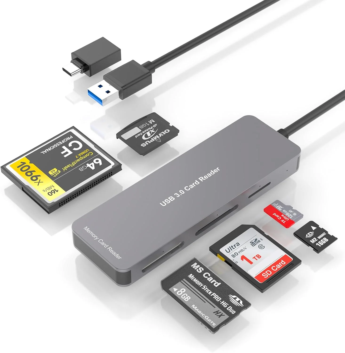 کارت خوان چند منظوره حافظه، آداپتور کارت خوان 6 در 1 USB C USB 3.0 به SD TF XD CF MS M2، پشتیبانی از کارت های SD SDXC SDHC CF CFI TF Micro SD Micro SDXC Micro SDHC MS MMC UHS-I، برای ویندوز/مک/لینوکس/اندروید