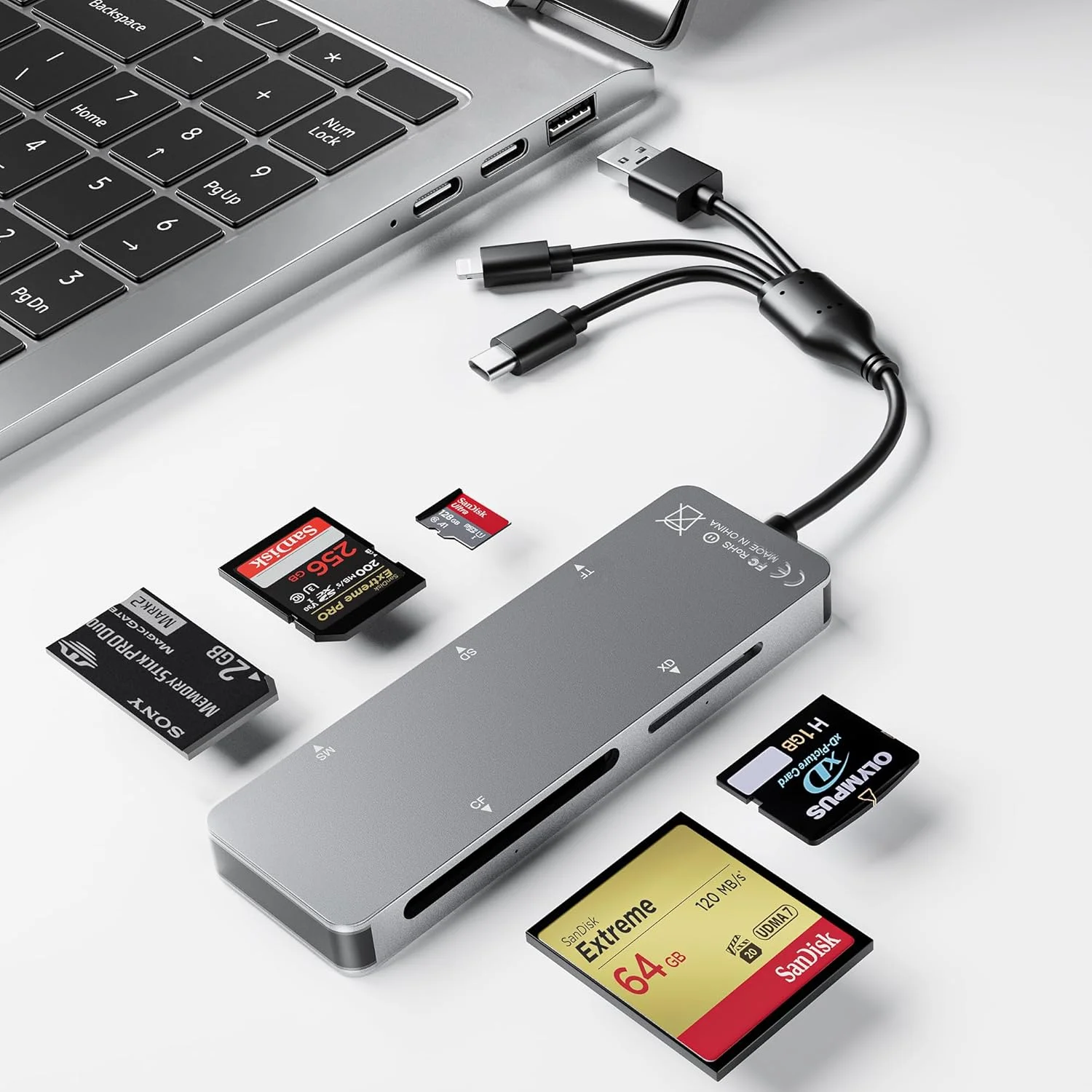آداپتور کارت حافظه پرو Duo 5 در 1، کارت خوان چند منظوره حافظه، پشتیبانی از کارت های تصویری SD/TF/CF/MS/XD برای کامپیوتر/USB-C/آیفون، کارت خوان پرو Duo برای آیفون با لایتنینگ+USB A+USB C