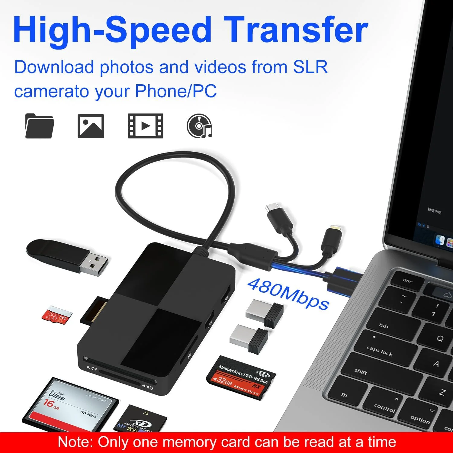 آداپتور کارت خوان پرو Duo - کارت خوان 8 در 1 SD/TF/MS/CF/XD با 3 پورت USB 2.0 برای آیفون/کامپیوتر/دستگاه USB-C، دارای کانکتور 3 در 1 (لایتنینگ، USB-C و USB-A)، اتصال آسان آداپتور کارت خوان پرو Duo - کارت خوان 8 در 1 SD/TF/MS/CF/XD با 3 پورت USB 2.0 برای آیفون/کامپیوتر/دستگاه USB-C، دارای کانکتور 3 در 1 (لایتنینگ، USB-C و USB-A)، اتصال آسان