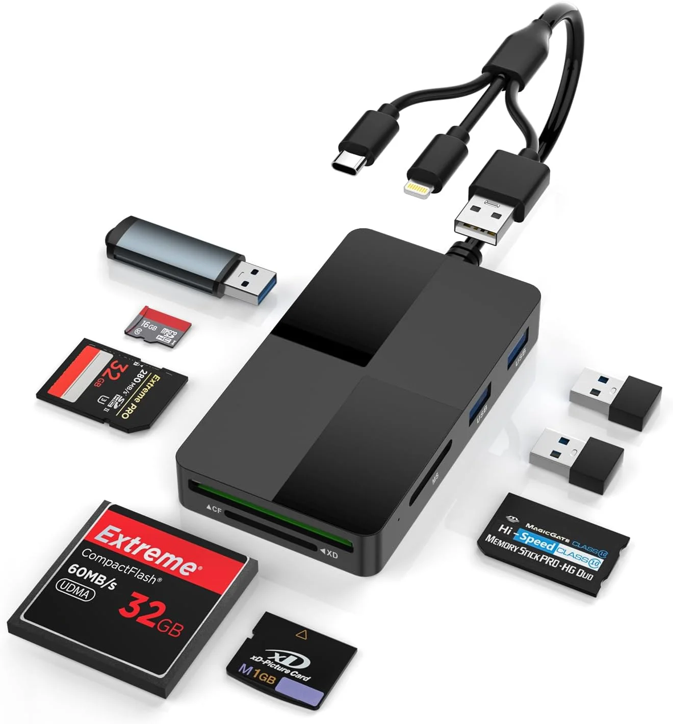 آداپتور کارت حافظه پرو دو 8 در 1 با اسلات های SD/TF/MS/CF/XD و 3 پورت USB 2.0، آداپتور کارت حافظه پرو دو با پورت های لایتنینگ + USB A + USB C برای آیفون/آیپد/ویندوز/مک/کروم او اس