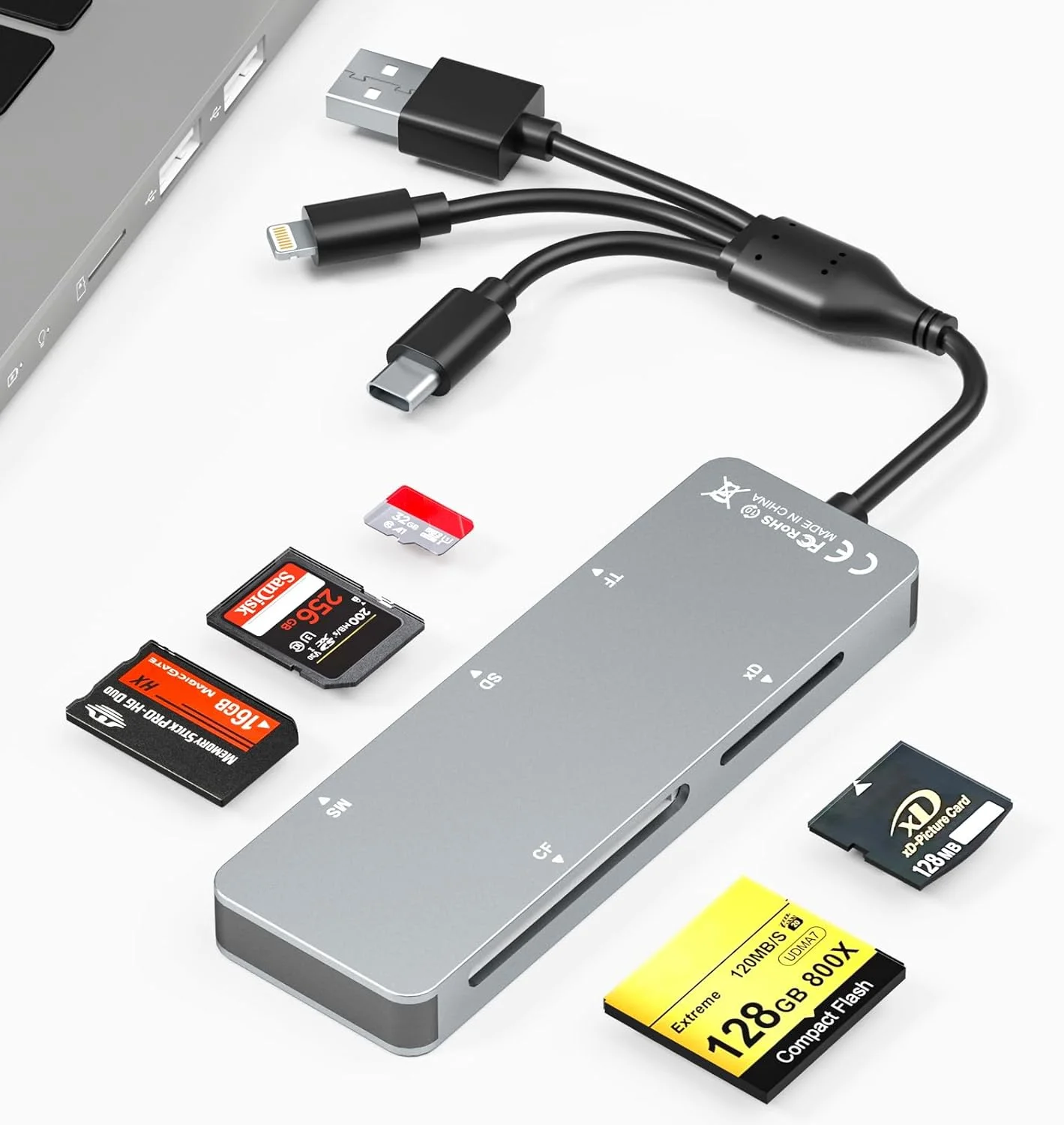 آداپتور مموری استیک پرو دو برای آیفون/کامپیوتر/آیپد، کارت خوان 5 در 1 مموری استیک پرو دو برای کارت های SD/TF/CF/MS/XD، کارت خوان XD آلومینیومی قابل حمل با پورت های لایتنینگ/USB-C/USB-A