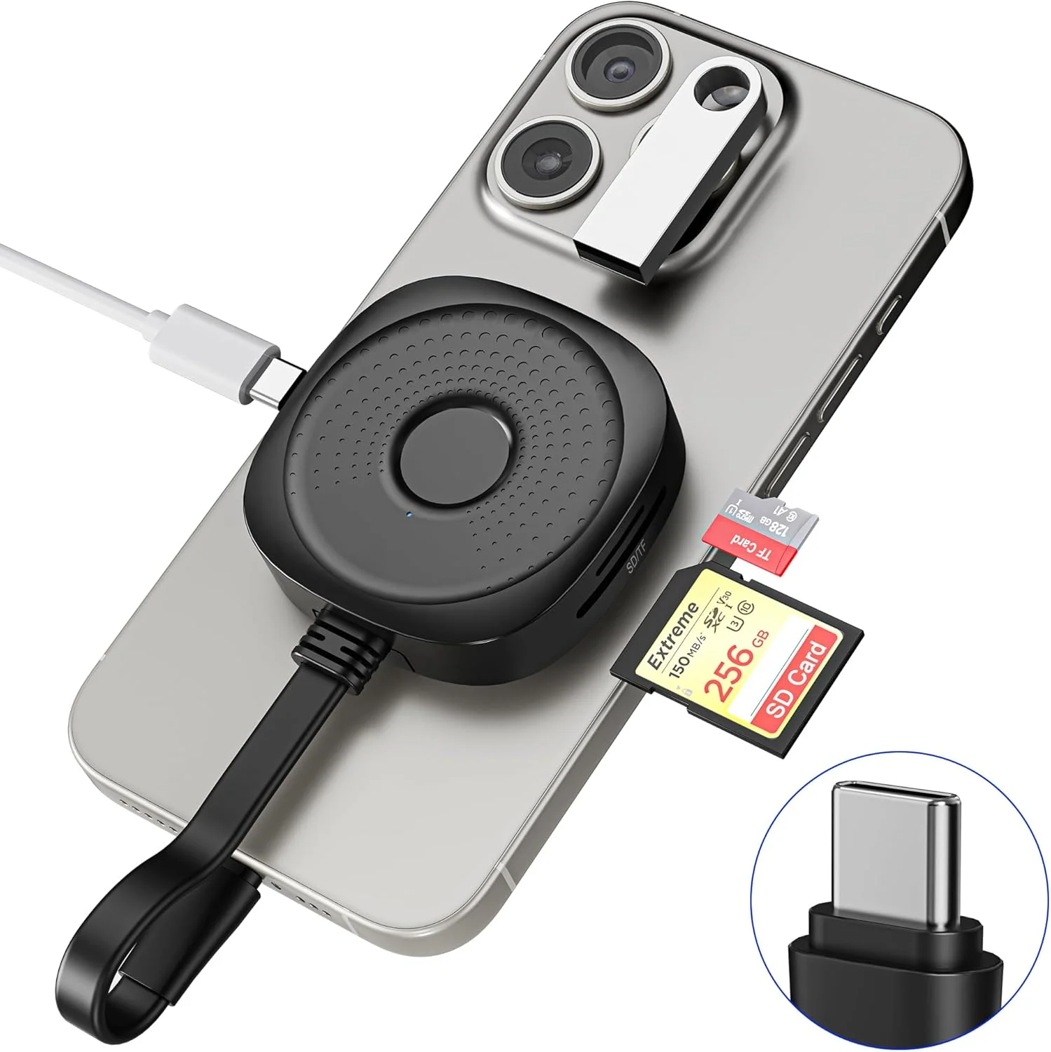 کارت خوان مغناطیسی SD USB C، کارت خوان حافظه مغناطیسی با اسلات 3.0 SD/TF، پورت USB-A، شارژ USB-C 100W PD، آداپتور کارت SD مگ‌سیف با انتقال داده 5 گیگابیت بر ثانیه USB 3.0 برای آیفون 16/15، لپ تاپ