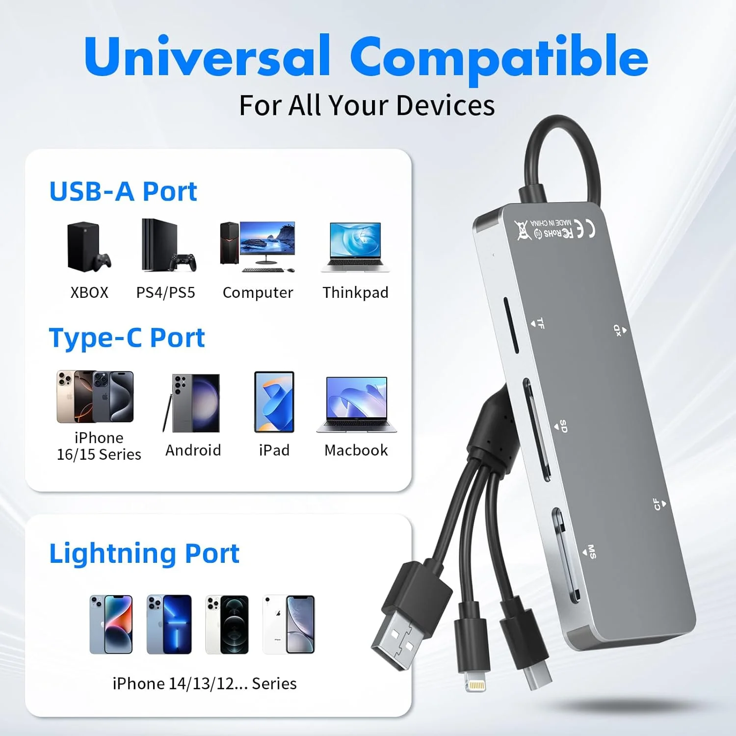 آداپتور مموری استیک پرو دو برای آیفون/کامپیوتر/آیپد، کارت خوان 5 در 1 مموری استیک پرو دو برای کارت های SD/TF/CF/MS/XD، کارت خوان XD آلومینیومی قابل حمل با پورت های لایتنینگ/USB-C/USB-A آداپتور مموری استیک پرو دو برای آیفون/کامپیوتر/آیپد، کارت خوان 5 در 1 مموری استیک پرو دو برای کارت های SD/TF/CF/MS/XD، کارت خوان XD آلومینیومی قابل حمل با پورت های لایتنینگ/USB-C/USB-A