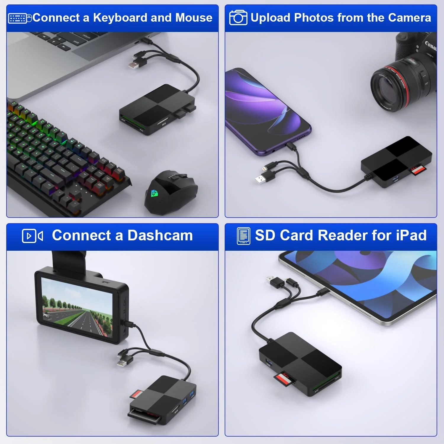 آداپتور کارت حافظه پرو دو 8 در 1 با اسلات های SD/TF/MS/CF/XD و 3 پورت USB 2.0، آداپتور کارت حافظه پرو دو با پورت های لایتنینگ + USB A + USB C برای آیفون/آیپد/ویندوز/مک/کروم او اس