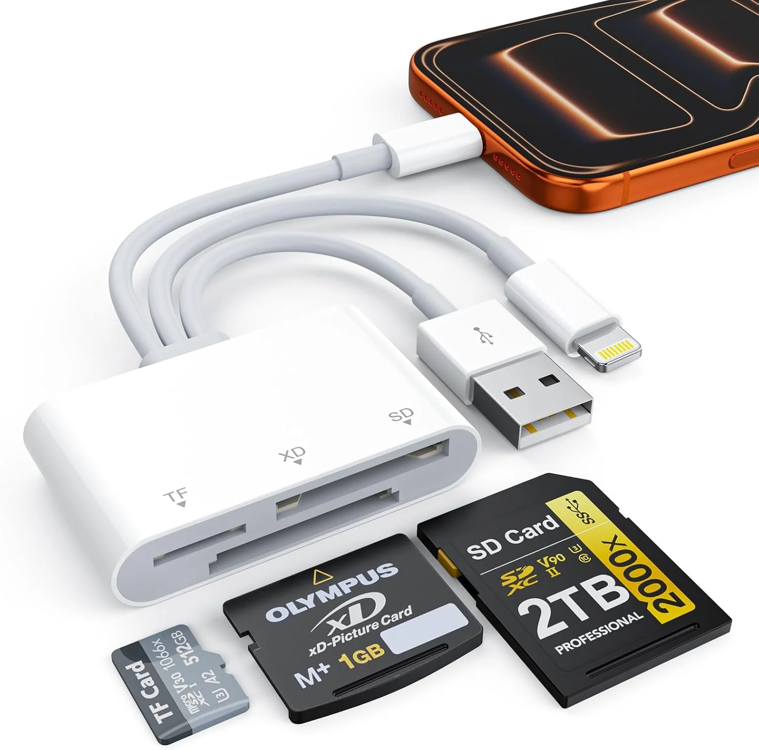 کارت خوان XD، کارت خوان حافظه SD برای آیفون، لایتنینگ+USB A+USB C به SD/TF/XD آداپتور کارت خوان عکس 3 در 1 دوربین دیجیتال برای آیفون 17/16/15/14/iPad/PC/Android کارت خوان چند منظوره آیفون