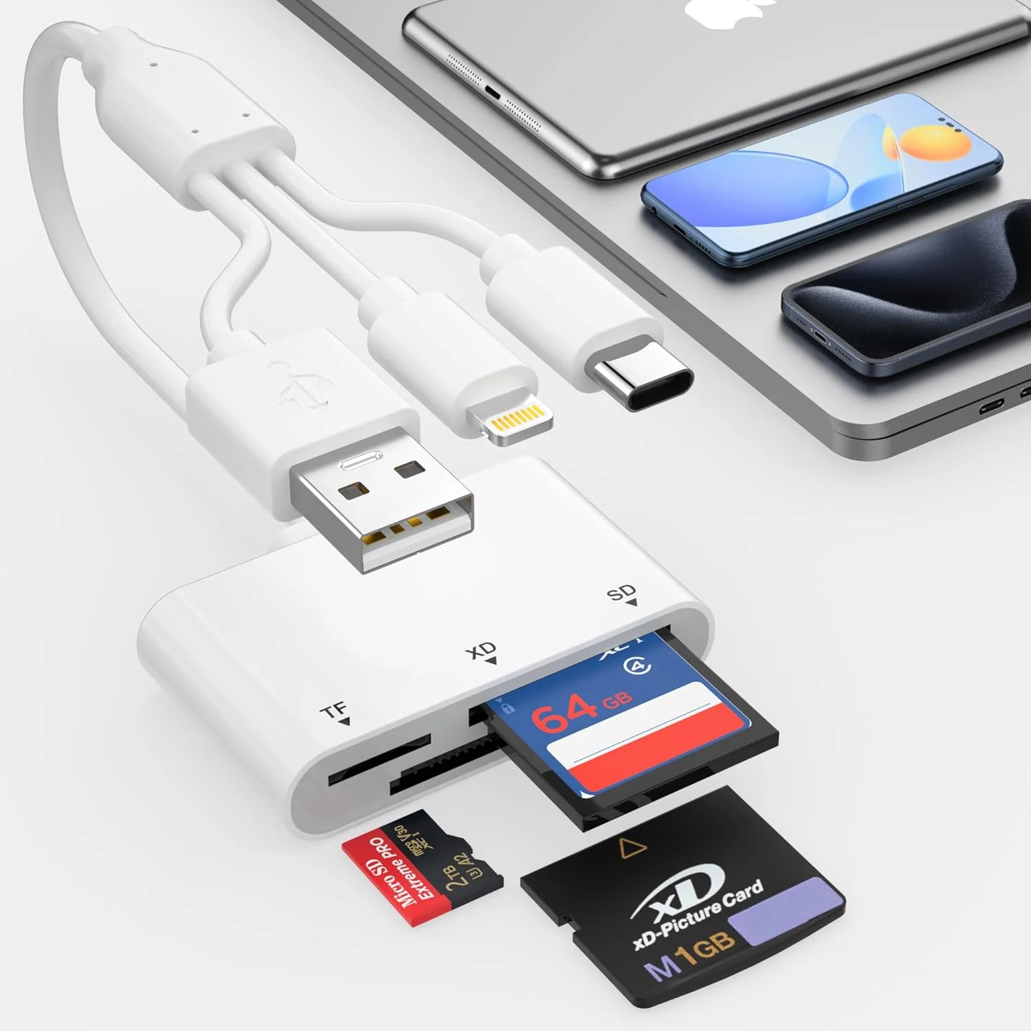 کارت خوان XD، کارت خوان SD برای آیفون با USB-C و لایتنینگ، آداپتور کارت 3 در 1 SD/MicroSD/xD-Picture، آداپتور کارت XD لایتنینگ+USB A+USB C برای آیفون 16/15/14/13/آیپد/PC/اندروید