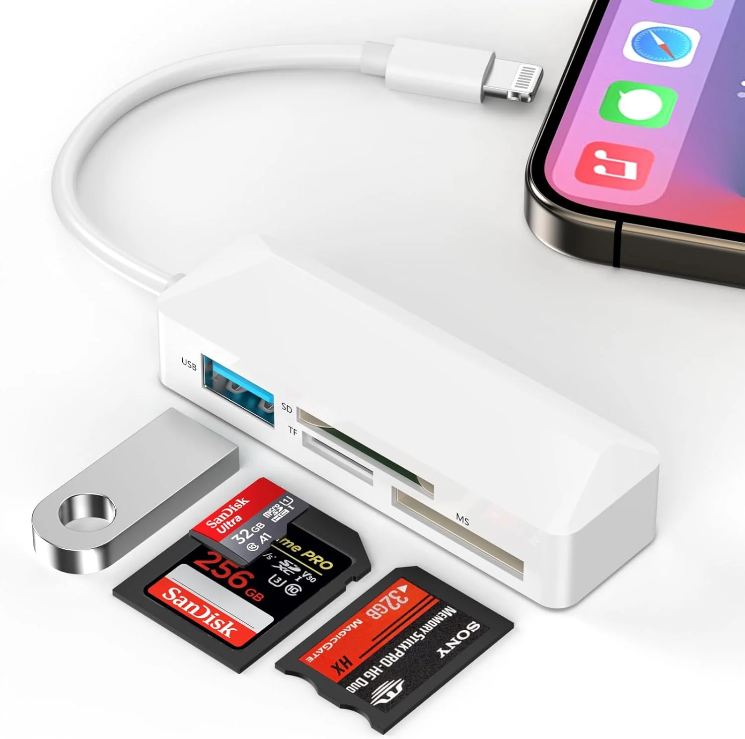 تبدیل لایتنینگ به کارت خوان SD چهار کاره برای آیفون، آداپتور USB OTG و کارت خوان حافظه SD/TF/MS، پشتیبانی از کارت های SD/TF/MS، نمایشگر دوربین های شکاری برای آیفون 14، 13، 12، 11، XS، XR، X، 8، آیپد دارای تاییدیه MFi اپل