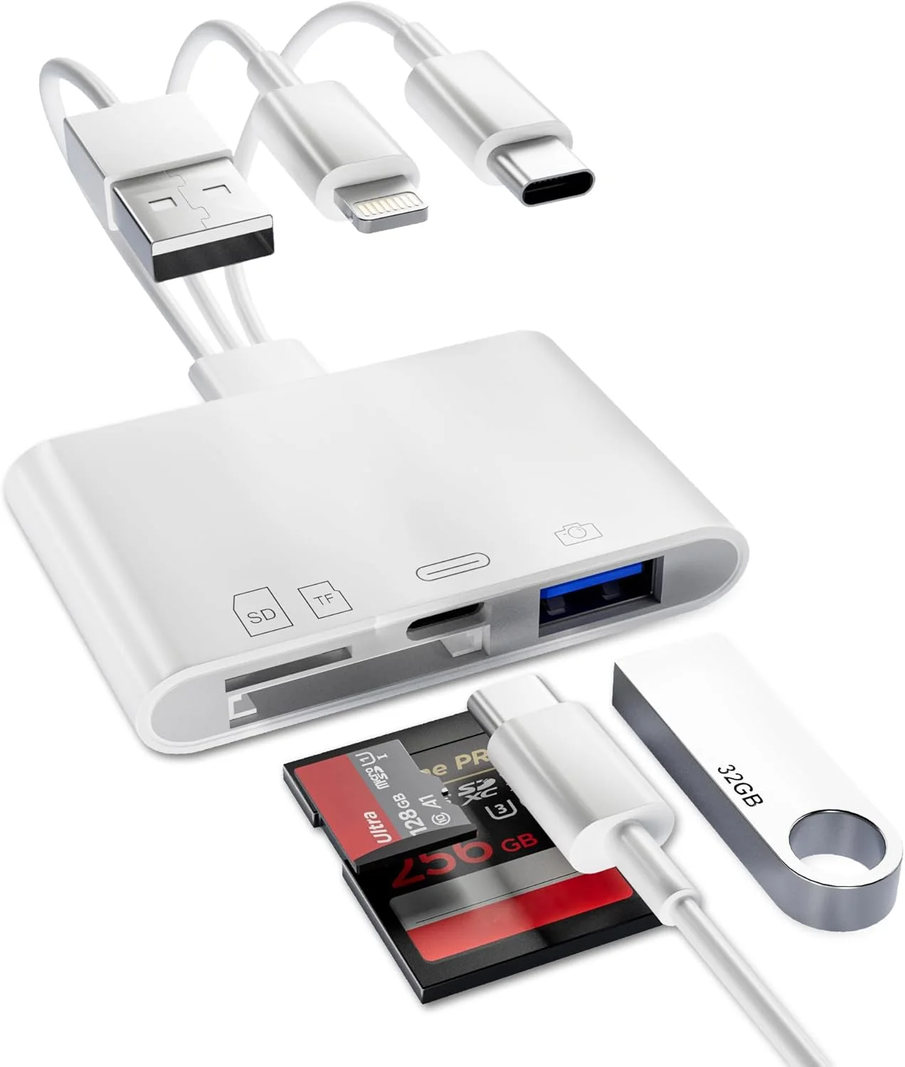 آیفون کارت خوان SD - Type C (دیتا) + لایتنینگ + USB سه پورت کارت خوان حافظه SD/TF انتقال دوربین دیجیتال به آداپتور تلفن، کارت خوان 4 در 1 آیفون 16/15/14