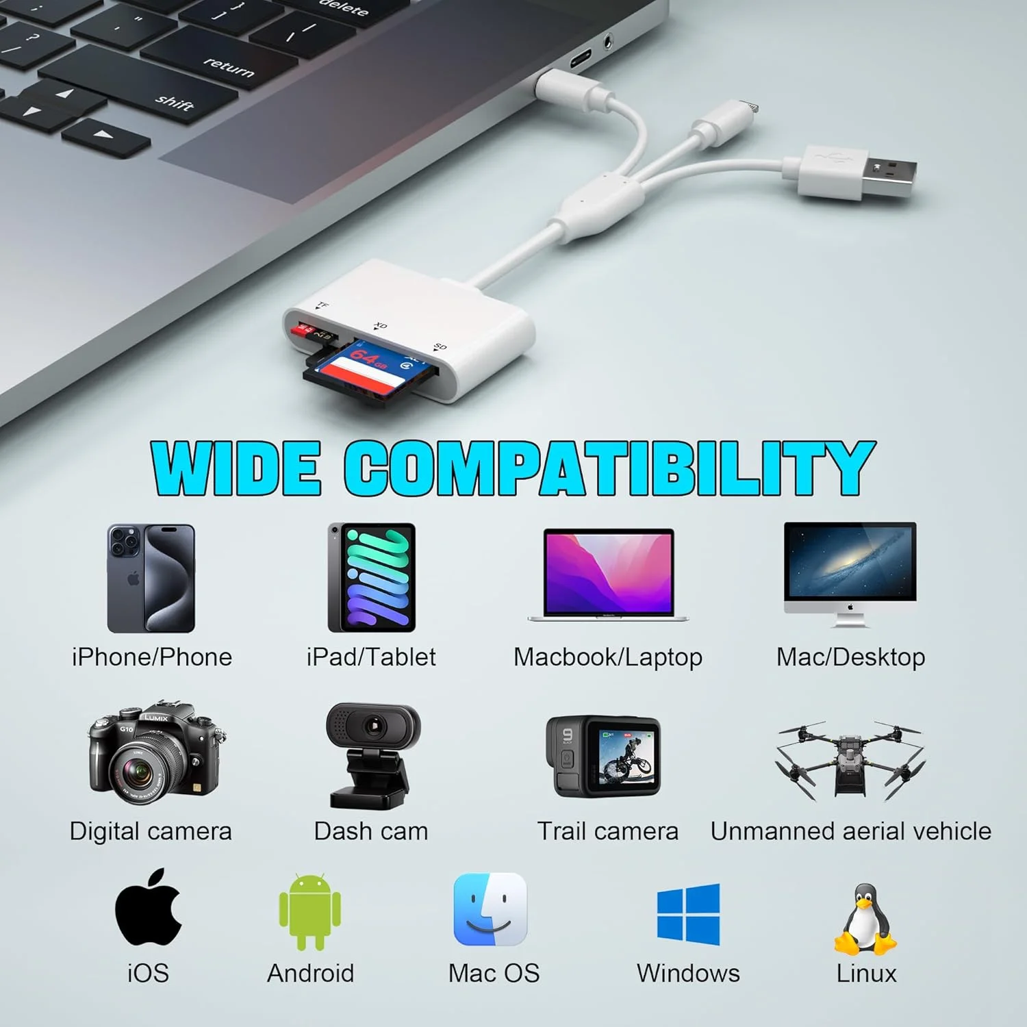 کارت خوان XD، کارت خوان SD برای آیفون با USB-C و لایتنینگ، آداپتور کارت 3 در 1 SD/MicroSD/xD-Picture، آداپتور کارت XD لایتنینگ+USB A+USB C برای آیفون 16/15/14/13/آیپد/PC/اندروید