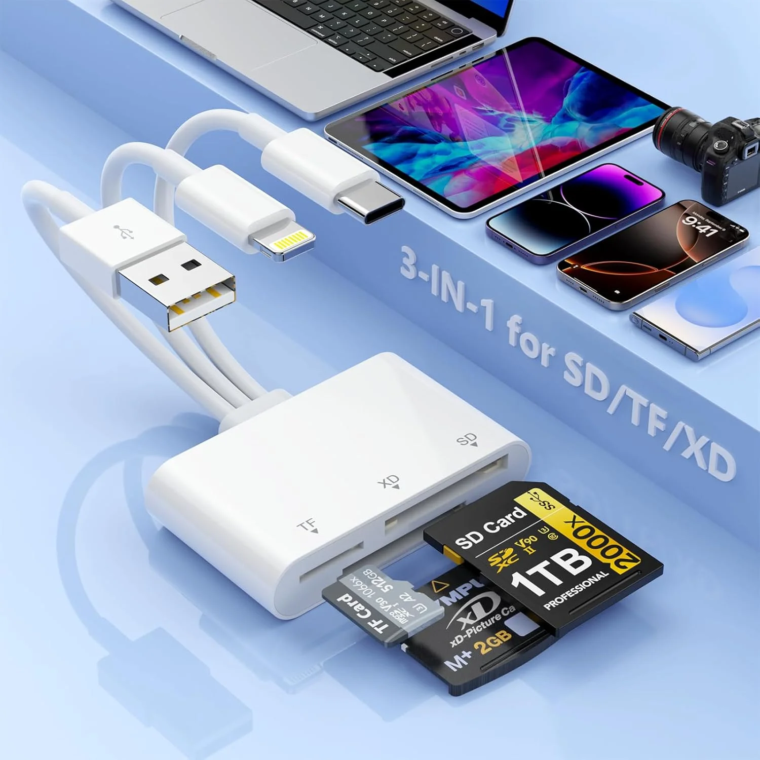 کارت خوان چند منظوره 3 در 1 SD/TF/XD برای آیفون، لایتنینگ + USB C + USB A، کارت خوان حافظه چندگانه میکرو SD برای آیفون 15 14 13/آیپد پرو/سامسونگ/اندروید/مک/کامپیوتر، اتصال و پخش