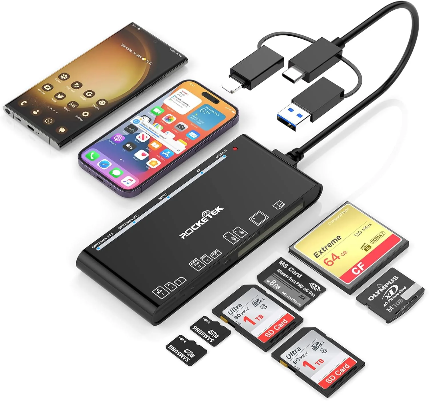 کارت خوان چند منظوره، کارت خوان SD CF XD MS Micro SD TF برای آیفون/آیپد، هاب آداپتور کارت خوان حافظه 7 در 3 برای آیفون/آیپد/مک بوک/سامسونگ، برای ویندوز، مک او اس، آی او اس، لینوکس، اندروید