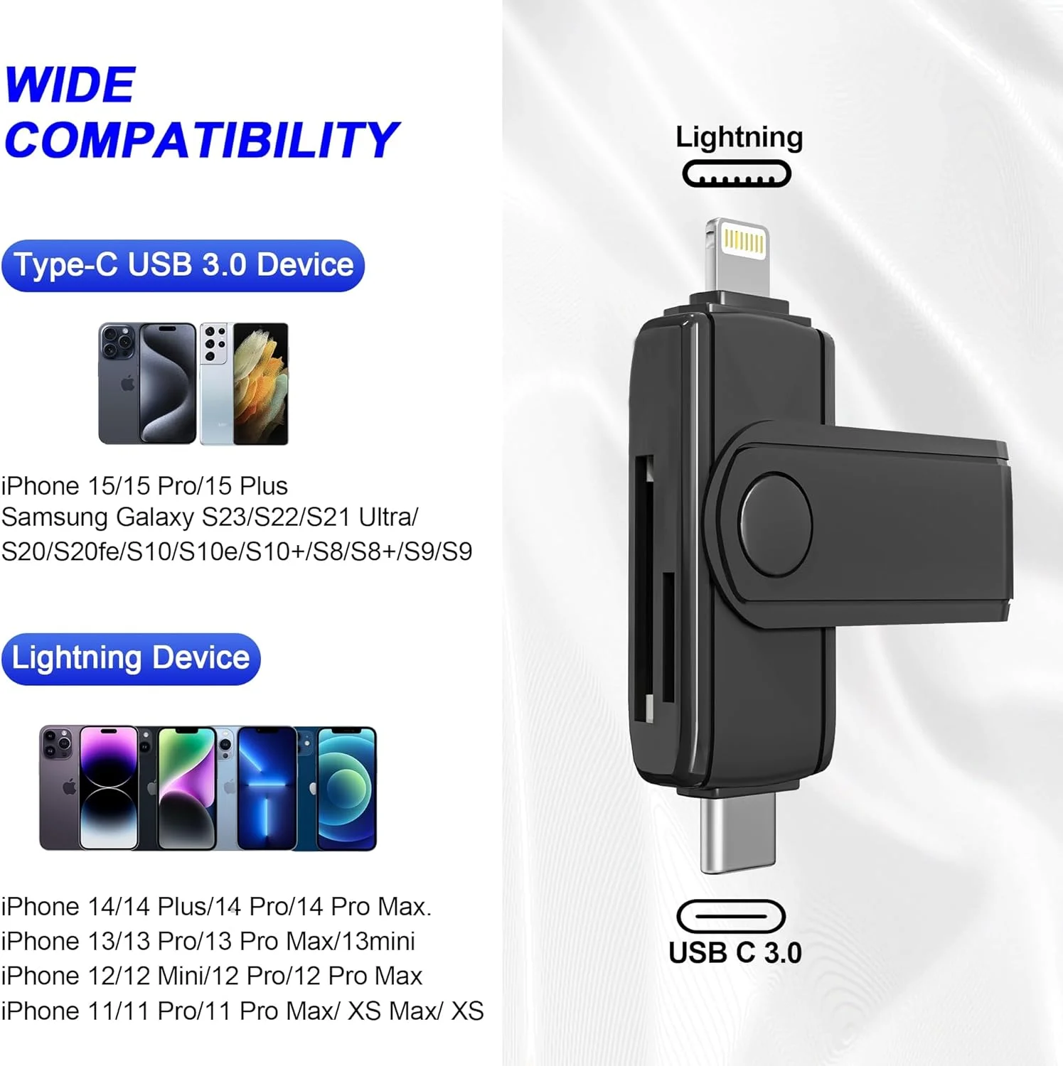 کارت خوان USB C لایتنینگ SD برای آیفون 15 آیپد مک - آداپتور کارت Micro SD/SD دو در یک (خواندن دو کارت به طور همزمان)، آداپتور دوربین دیجیتال قابل حمل، کارت خوان حافظه، اتصال و پخش