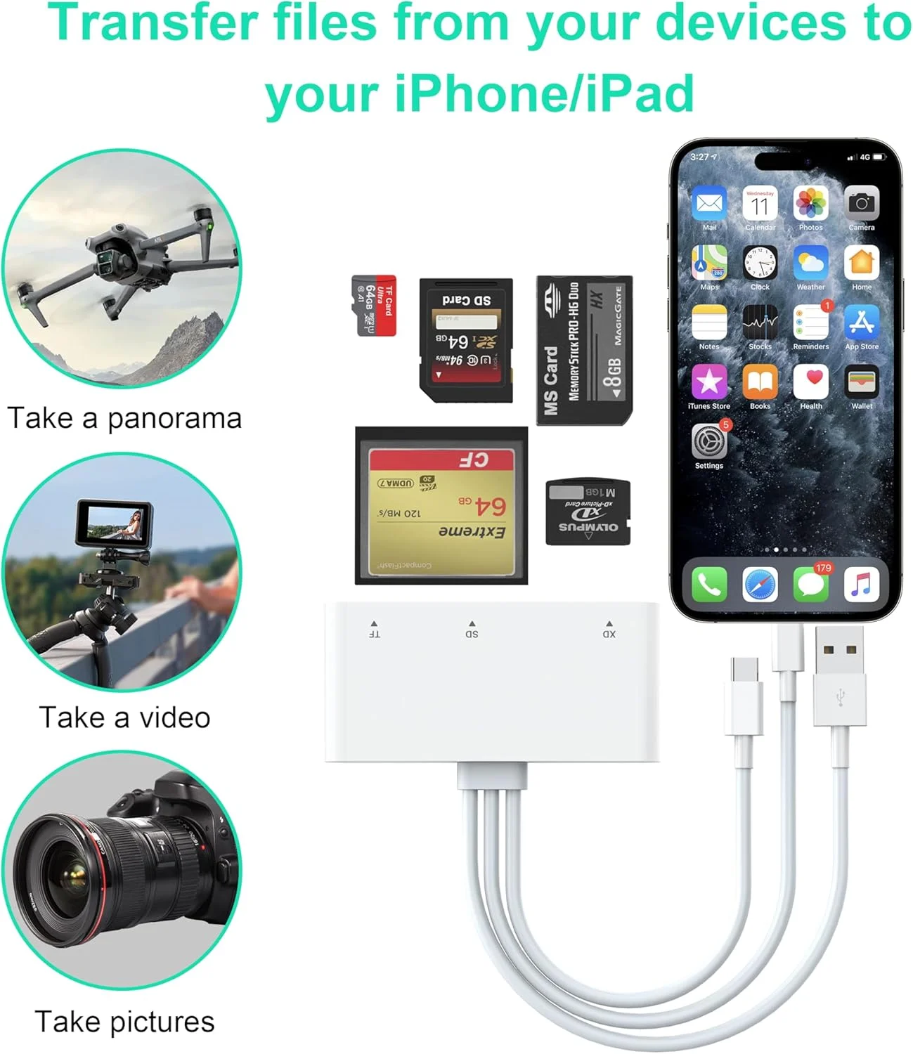 کارت خوان حافظه 8 در 1 لایتنینگ/USB C/USB A برای آیفون 15 14 13/آیپد/اندروید/سامسونگ/مک بوک/لپ تاپ/دوربین/هارد دیسک/فلش درایو، آداپتور حافظه OTG برای SD/TF/CF/XD/MS/Micro SD/SDHC XC/MMC کارت خوان حافظه 8 در 1 لایتنینگ/USB C/USB A برای آیفون 15 14 13/آیپد/اندروید/سامسونگ/مک بوک/لپ تاپ/دوربین/هارد دیسک/فلش درایو، آداپتور حافظه OTG برای SD/TF/CF/XD/MS/Micro SD/SDHC XC/MMC