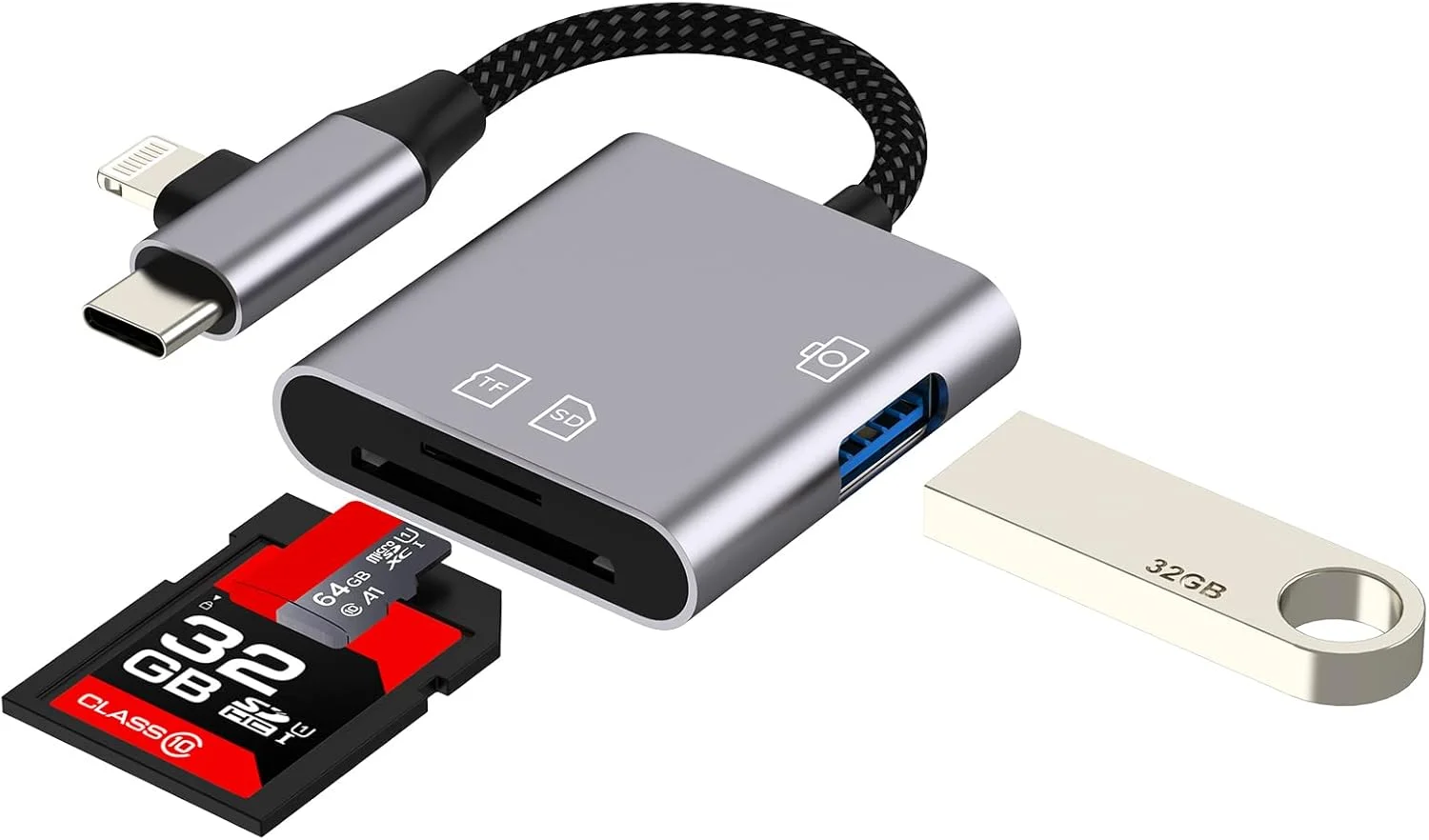 کارت خوان دوگانه USB C و Lightning به SD (3 در 2) آداپتور OTG 3.0 برای آیفون 16، 15، 14 پرو مکس، آیپد، مک بوک، دوربین دیجیتال، کارت حافظه میکرو SD TF، انتقال عکس و داده، فلش درایو، مبدل لپ تاپ