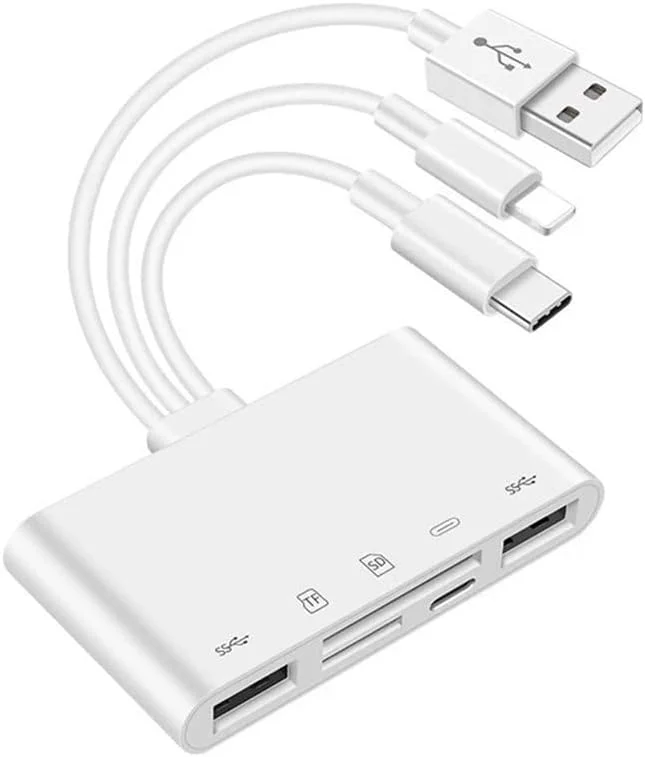 آداپتور کارت خوان حافظه 5 در 1 لایتنینگ تایپ سی OTG دوربین SD TF USB C برای تلفن/پد/اندروید/مک/کامپیوتر/دوربین/مک بوک، پشتیبانی از SD/Micro SD/SDHC/SDXC/MMC و USB OTG