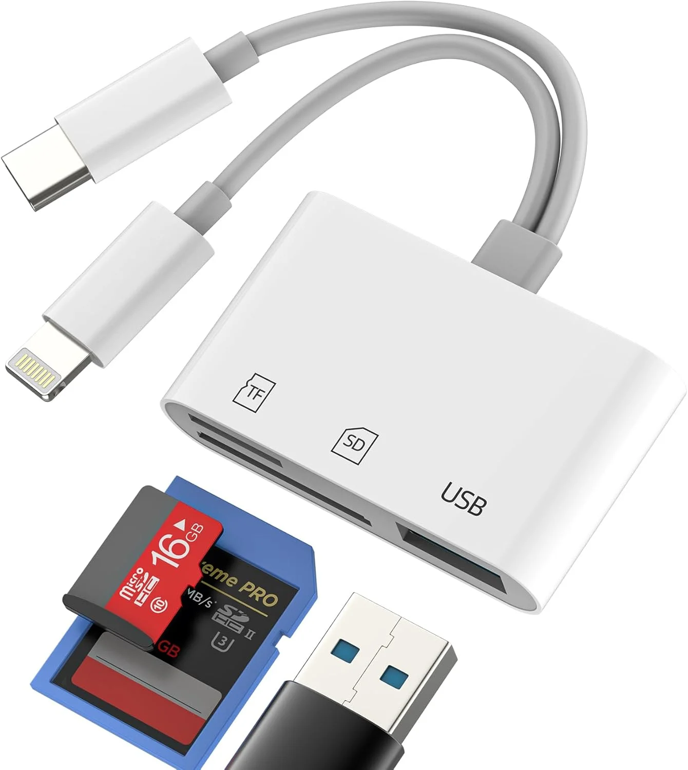 آداپتور USB C لایتنینگ به USB کارت خوان SD (3 در 2) برای اپل آیفون 16 15 14 برای آیپد دوربین دیجیتال میکرو SD TF کارت حافظه فلش OTG کابل تایپ C سازگار با اندروید برای سامسونگ مک بوک کامپیوتر
